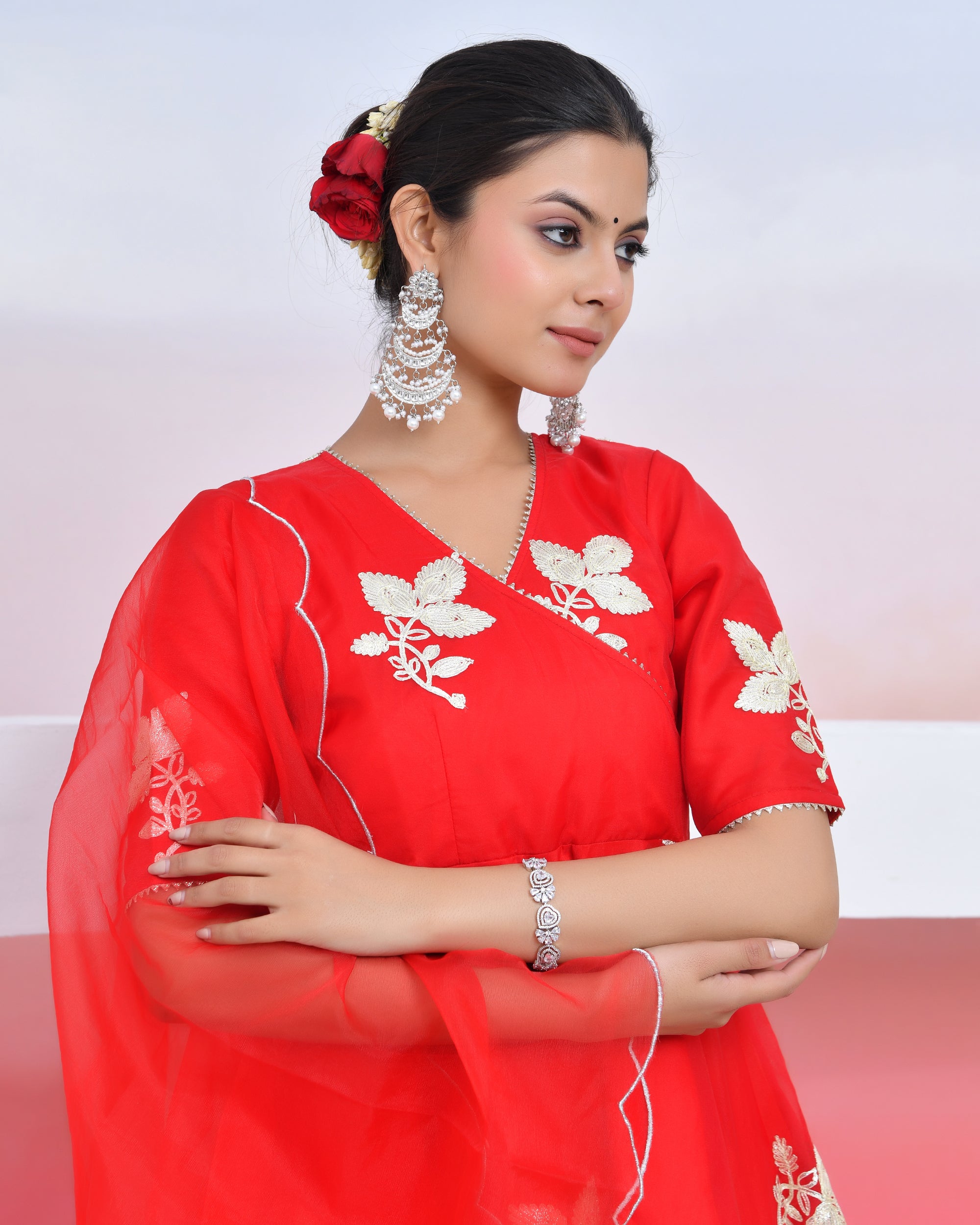 Red Gota Organza Suit Set