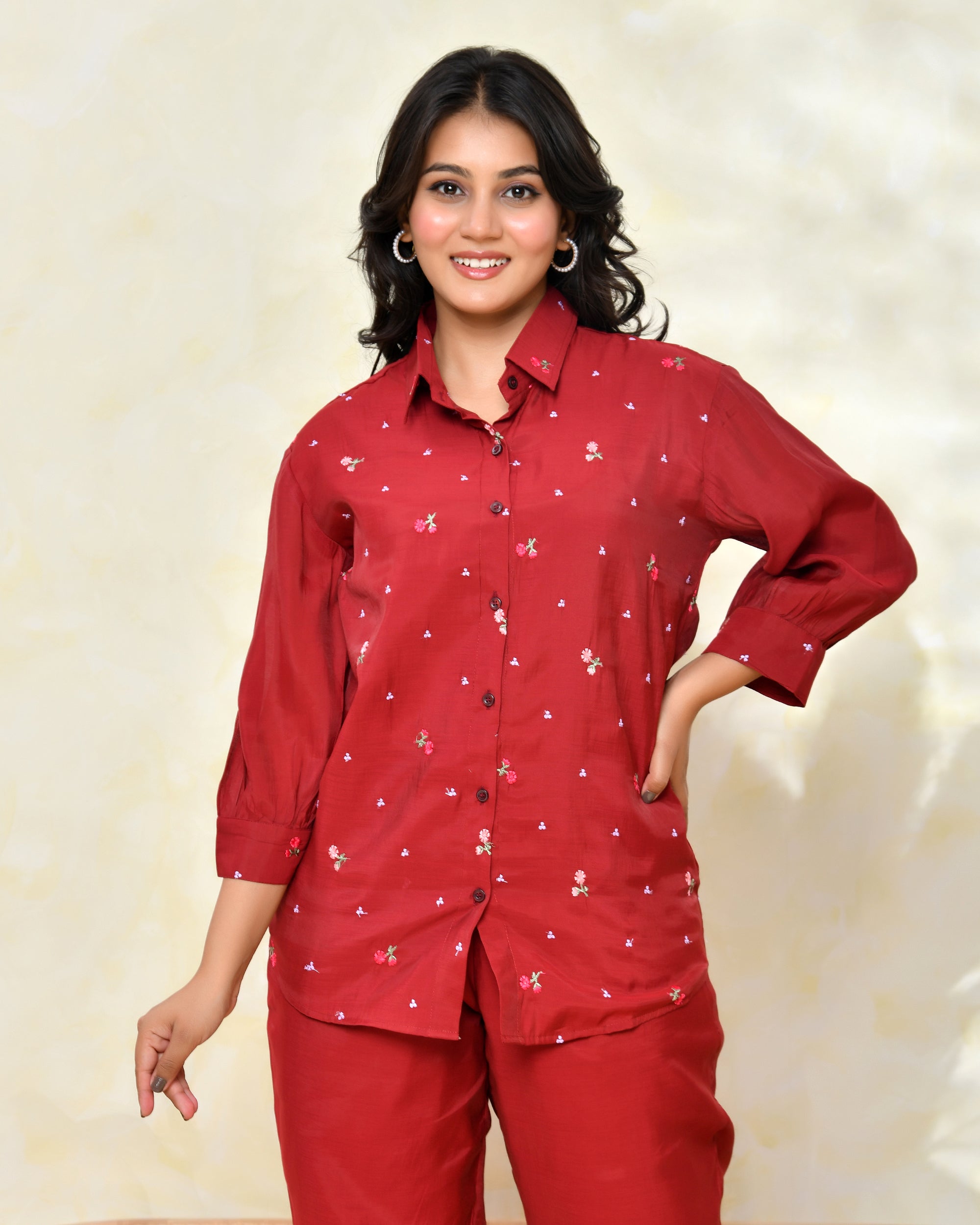 Marron Malchanderi Shirt Coord Set