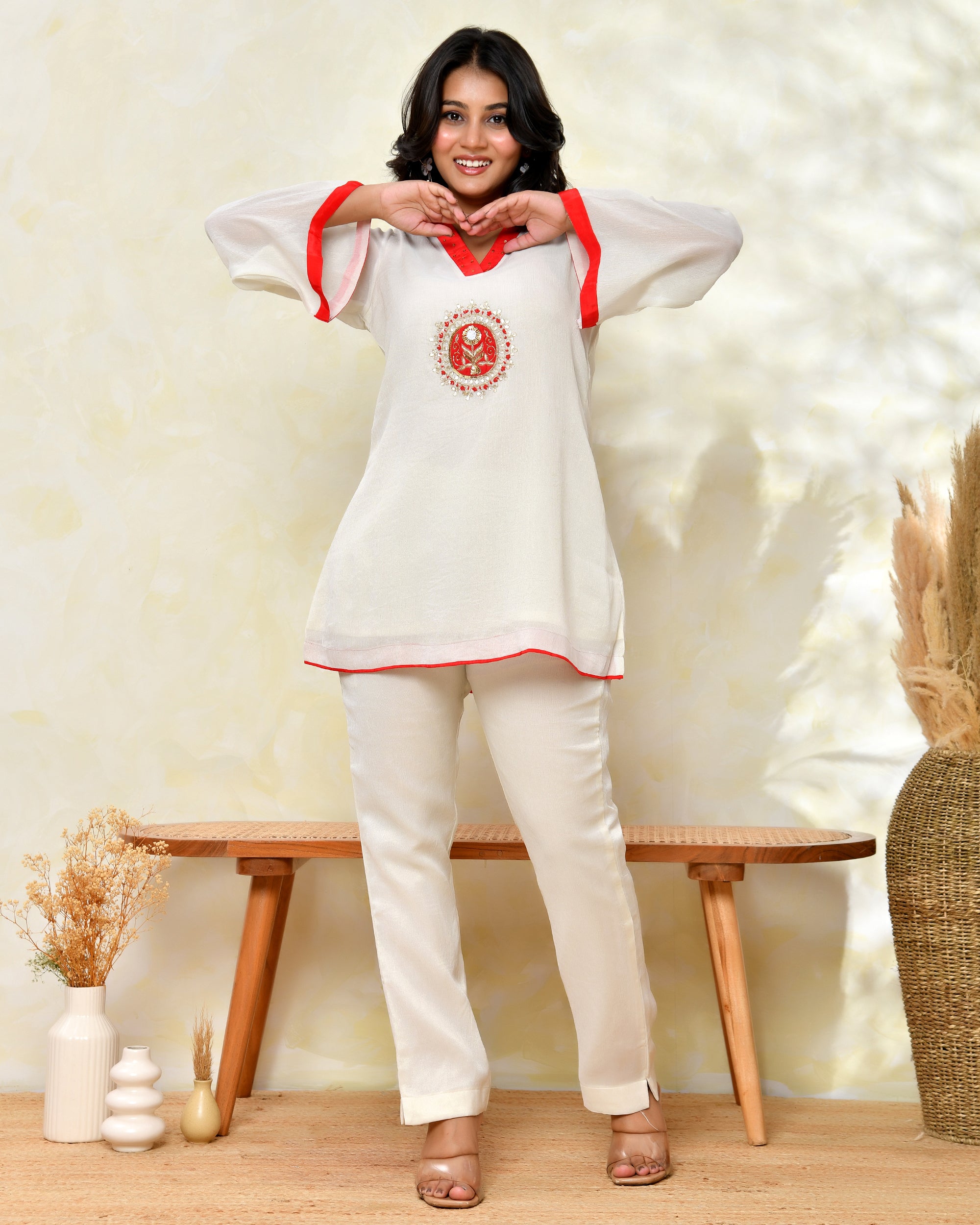 Red Chinon Handwork Coord Set