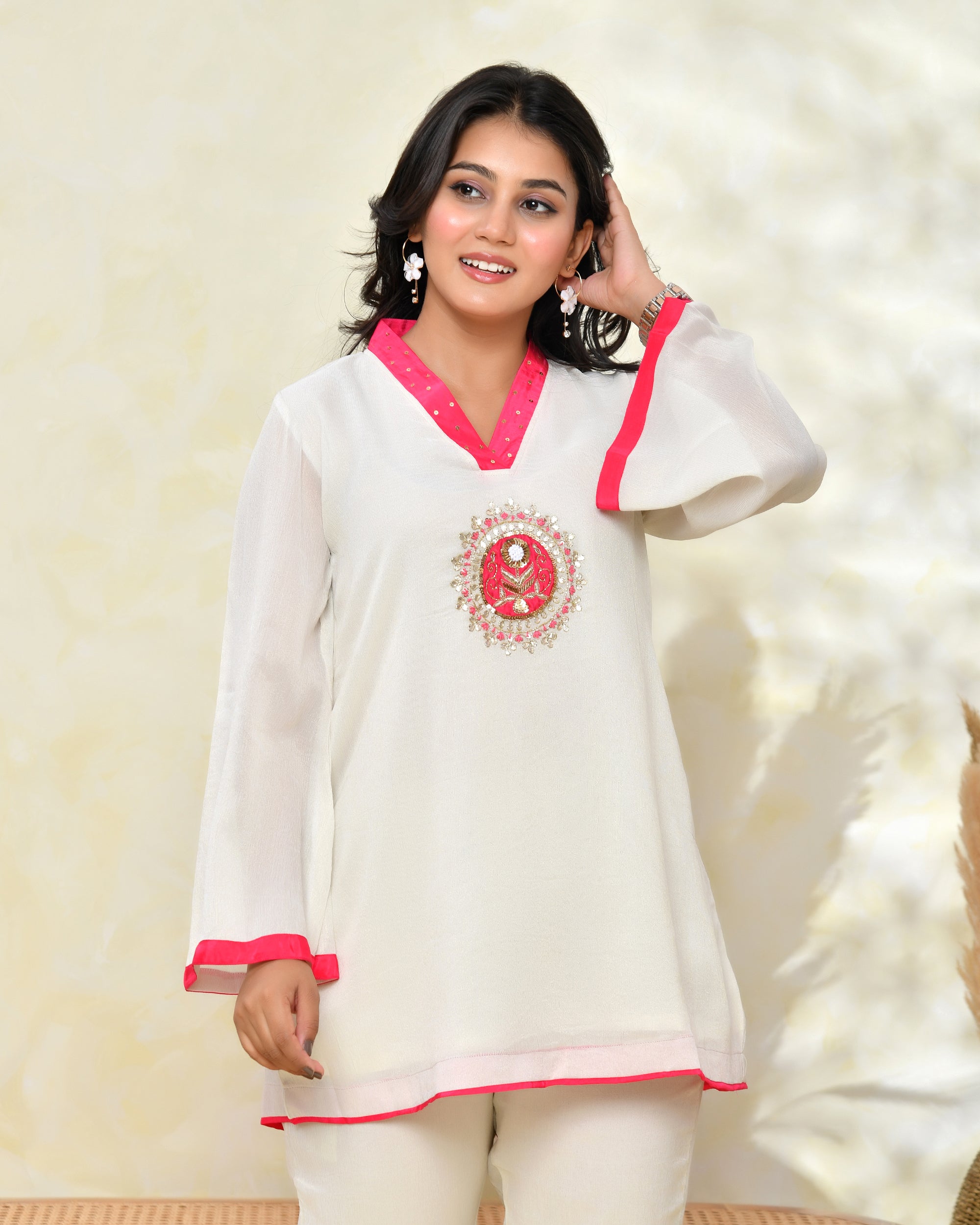 Pink Chinon Handwork Coord Set