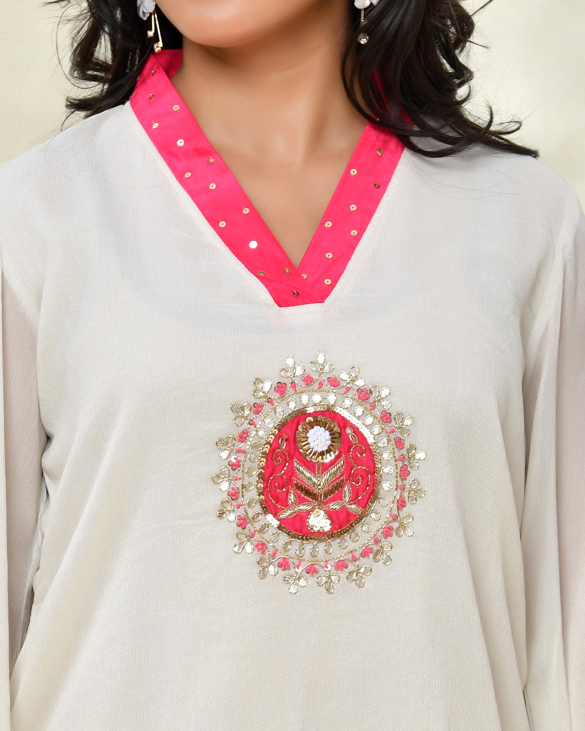 Pink Chinon Handwork Coord Set
