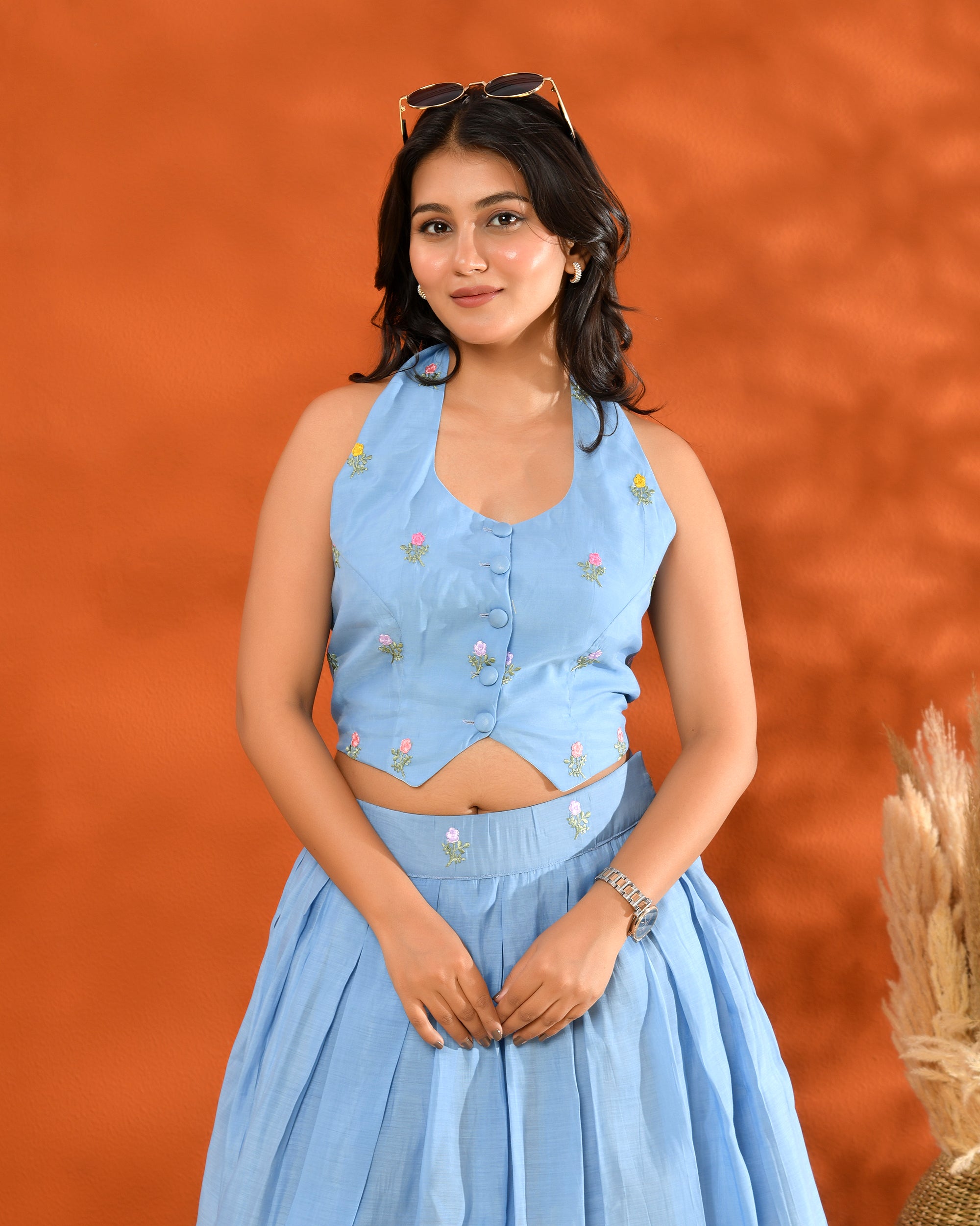 Blue Chanderi Short Skirt Set