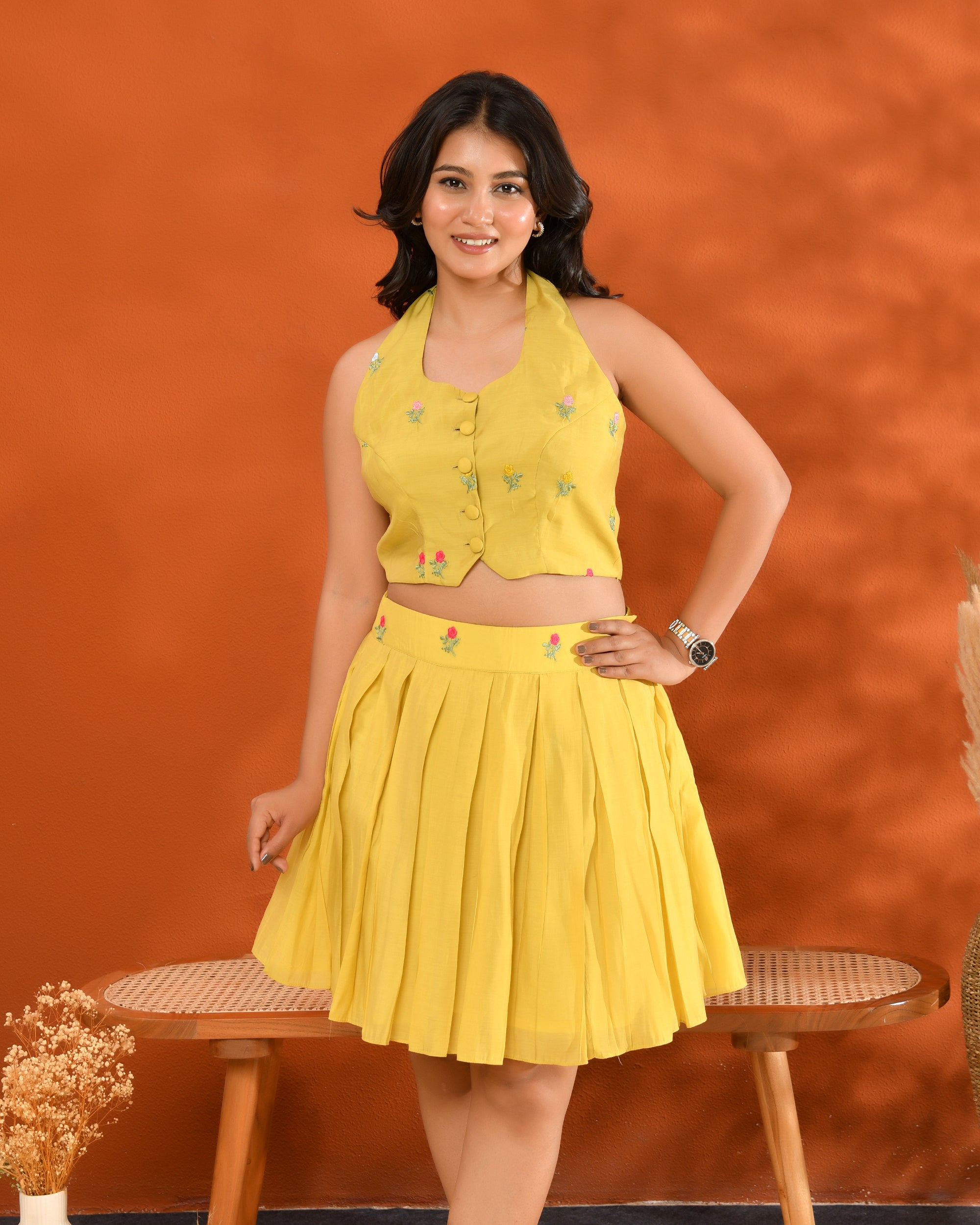Yellow Chanderi Short Skirt Set