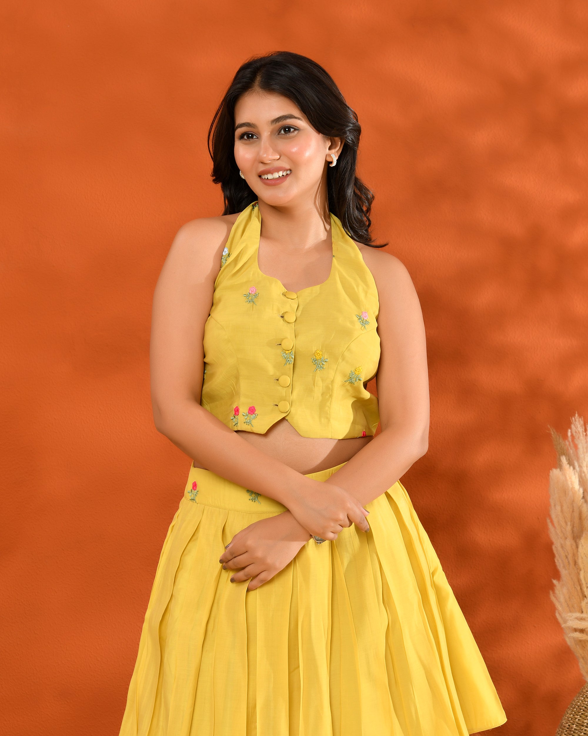 Yellow Chanderi Short Skirt Set