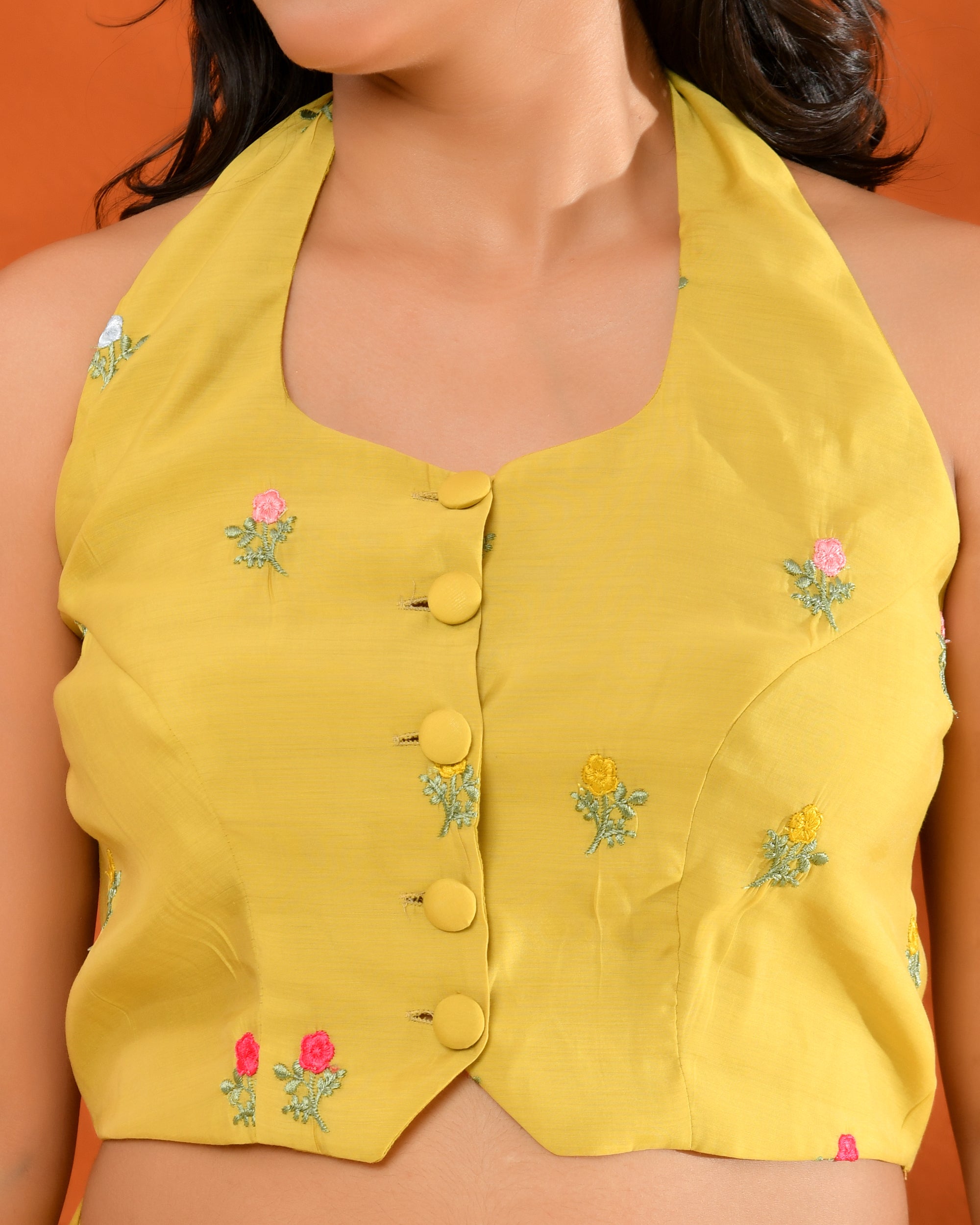 Yellow Chanderi Short Skirt Set