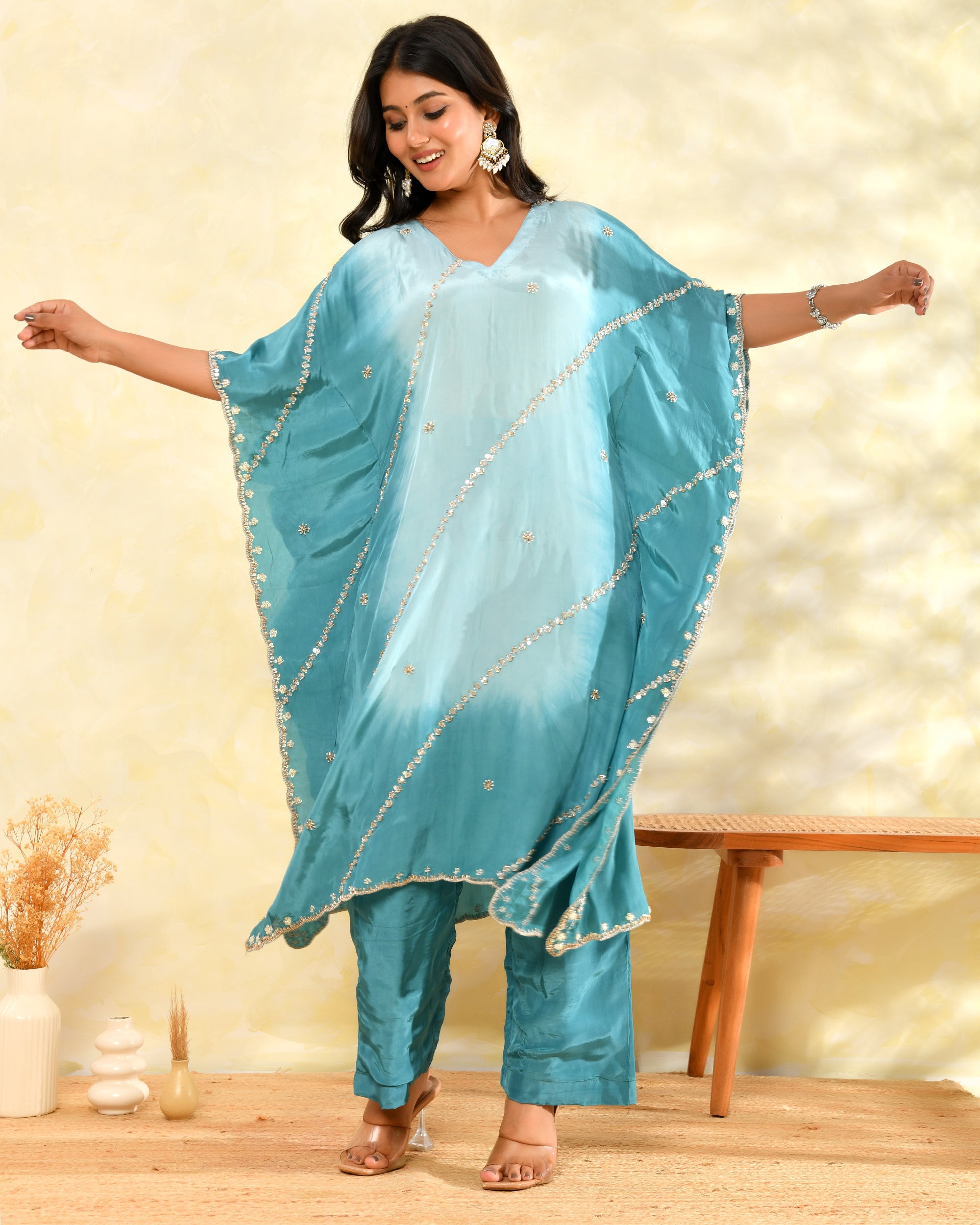 Aqua Blue Handwork Kaftan Set