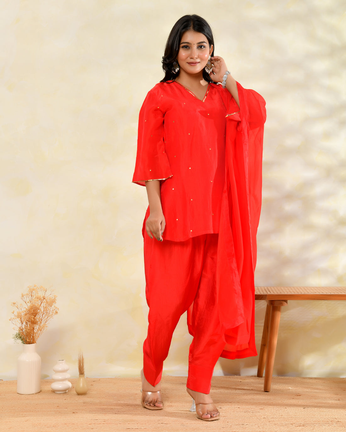 Red Silk Handwork Farshi Set