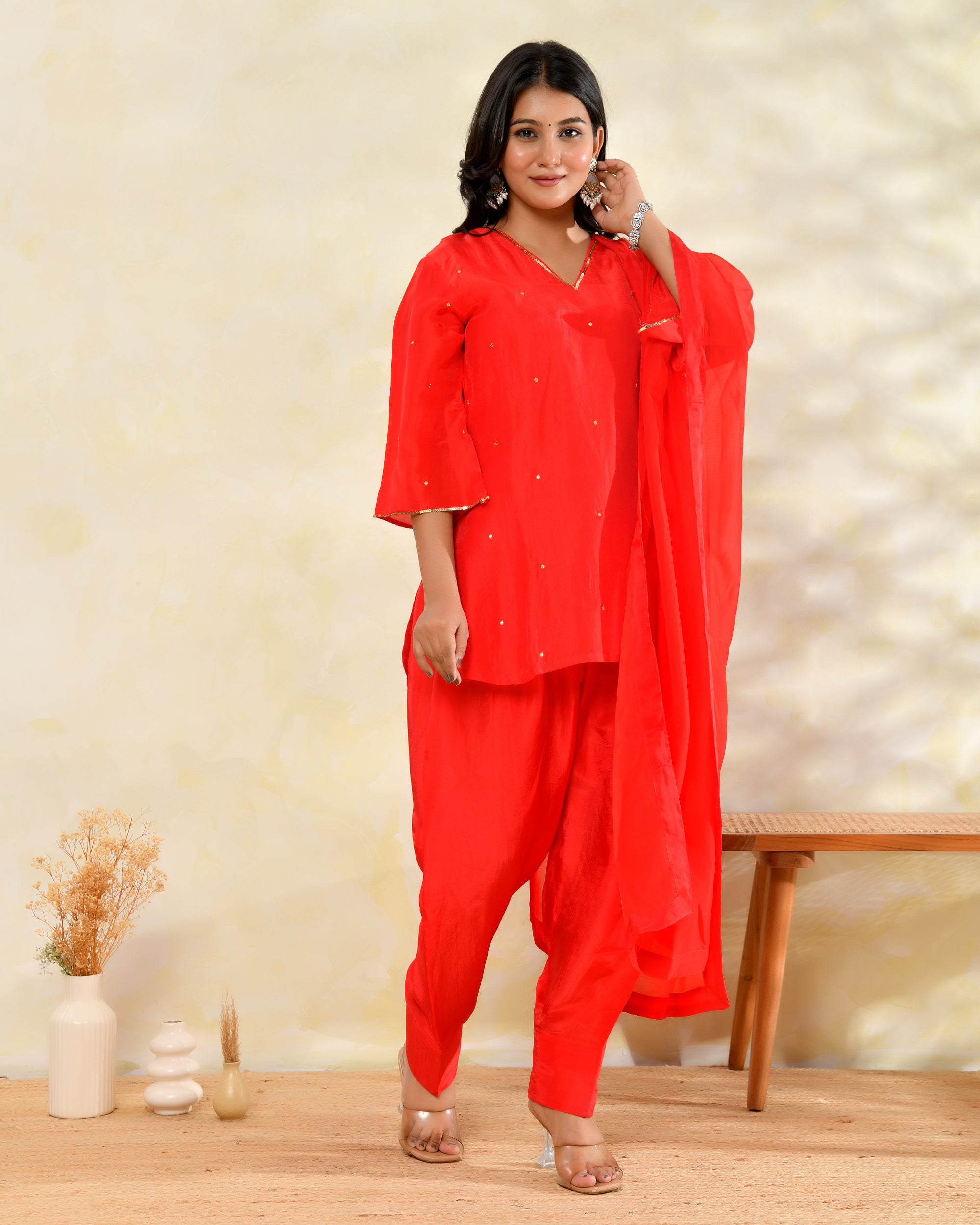 Red Silk Handwork Farshi Set