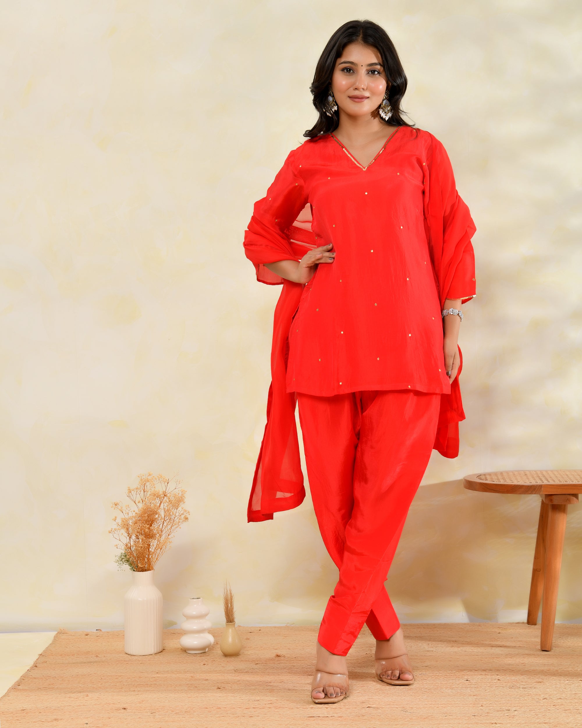 Red Silk Handwork Farshi Set