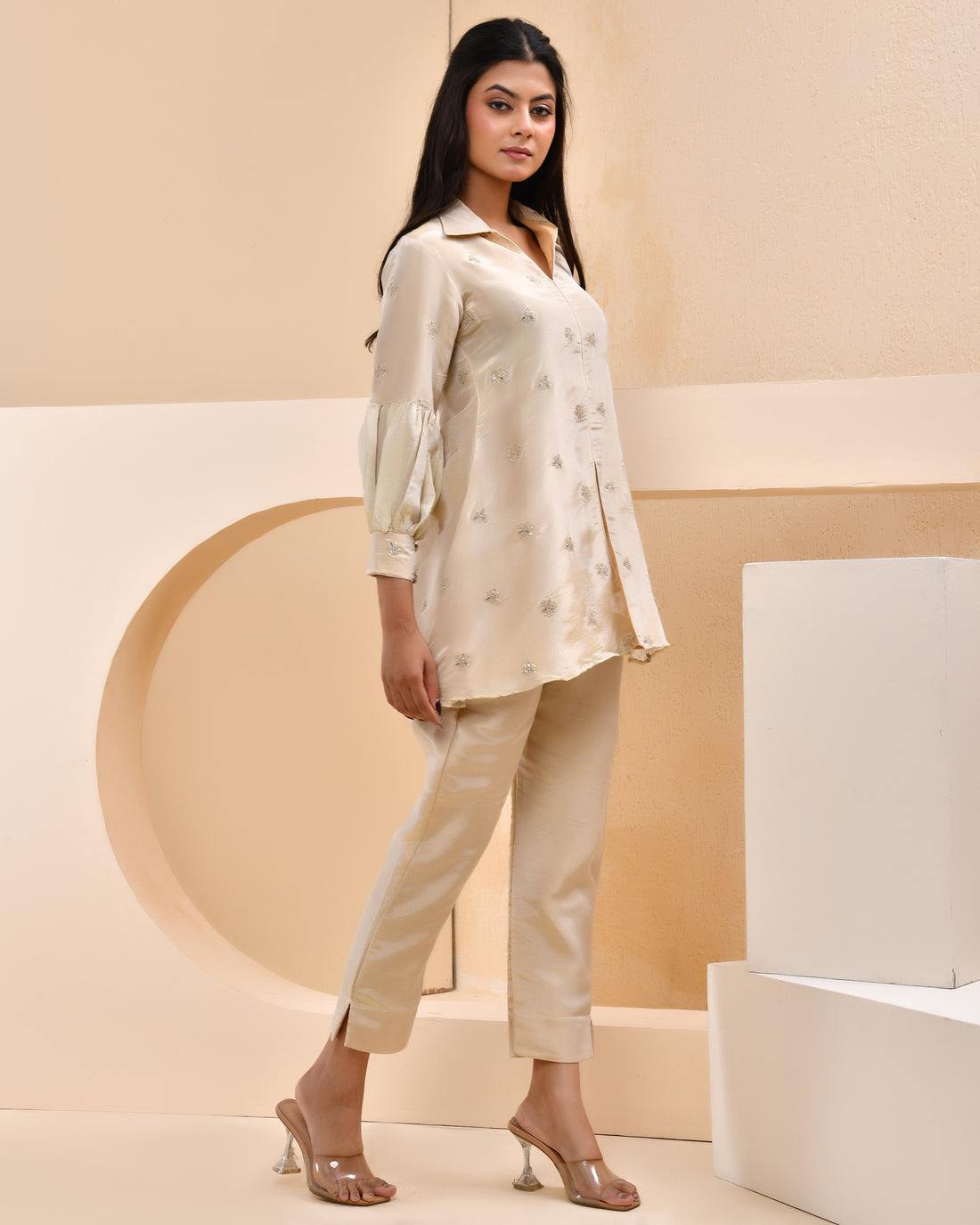 Beige Tissue Embroidered Co-ord Set