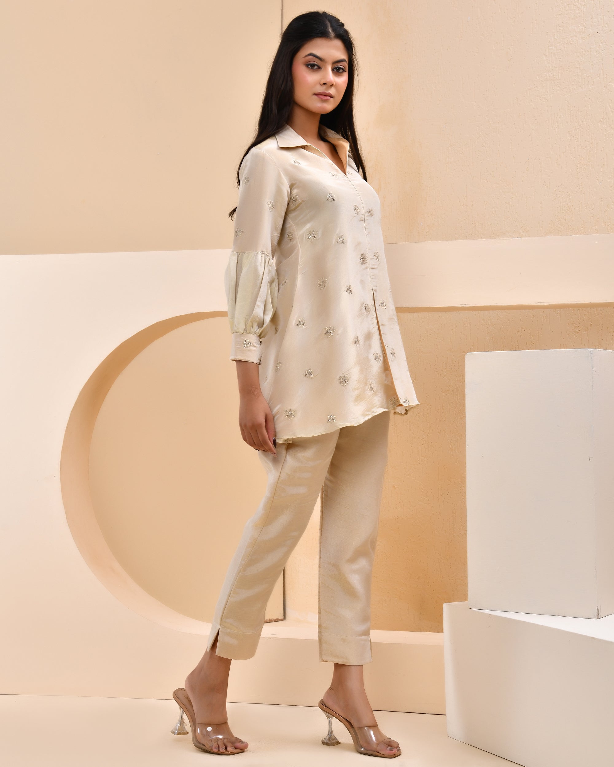 Beige Tissue Embroidered Co-ord Set