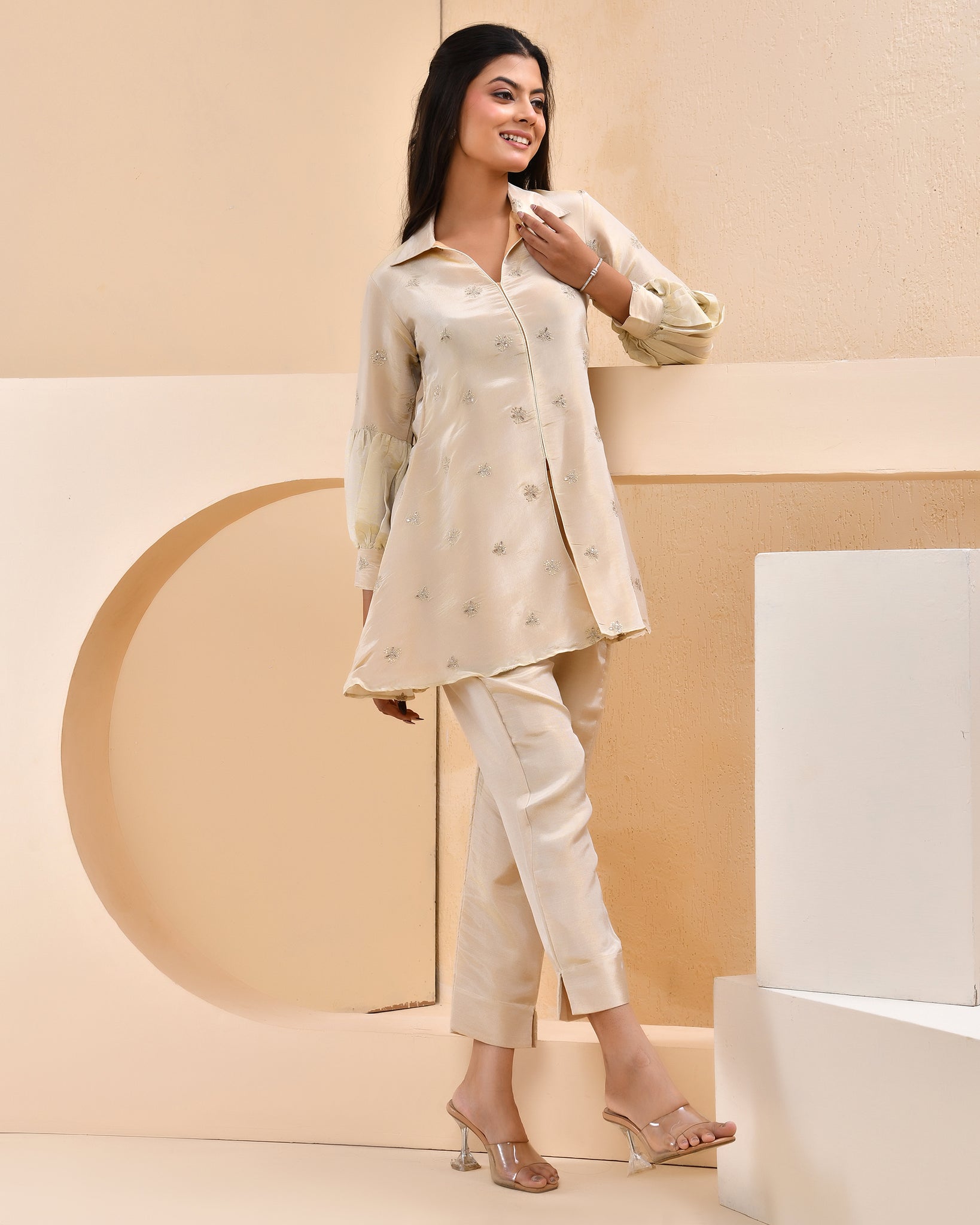 Beige Tissue Embroidered Co-ord Set
