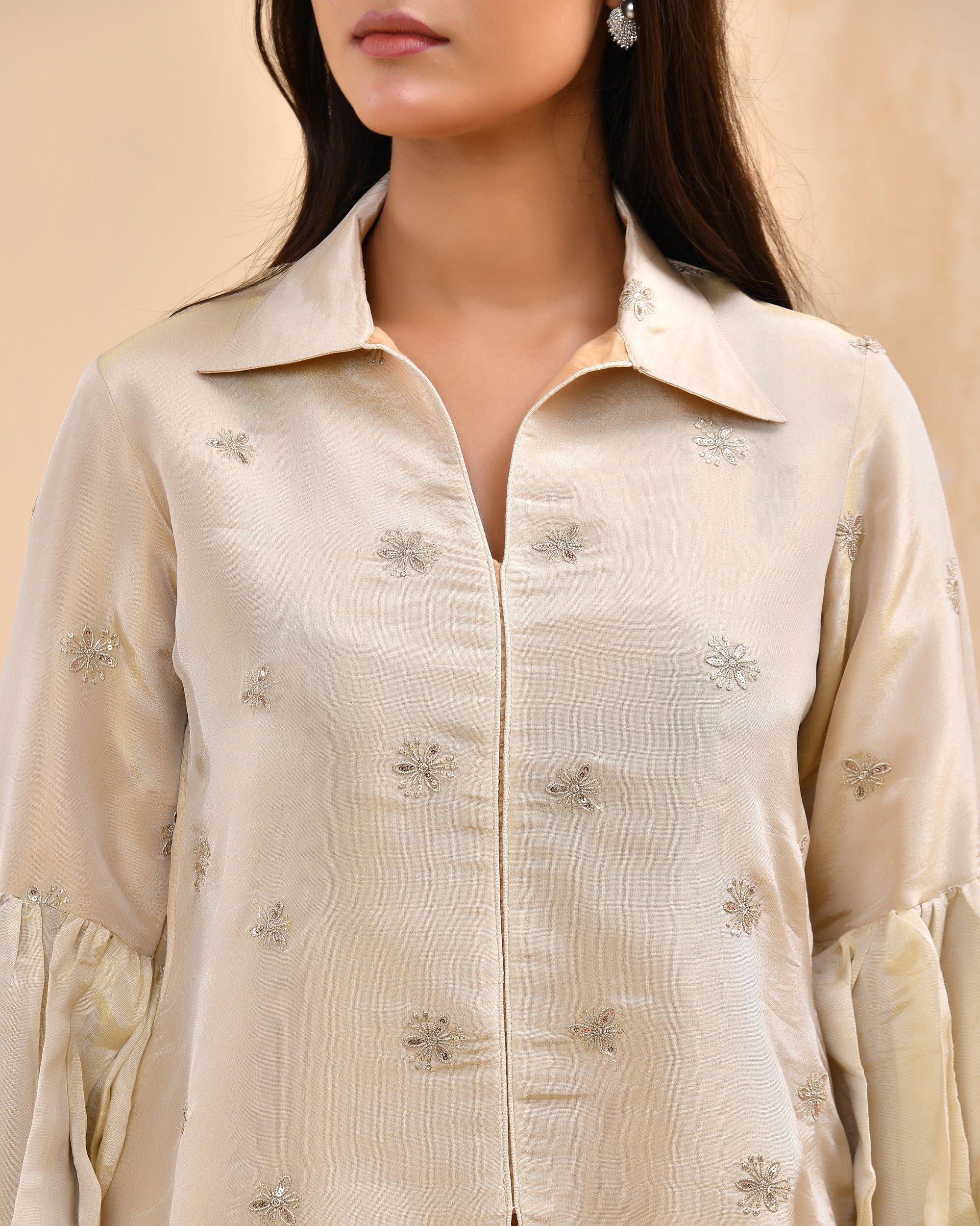 Beige Tissue Embroidered Co-ord Set