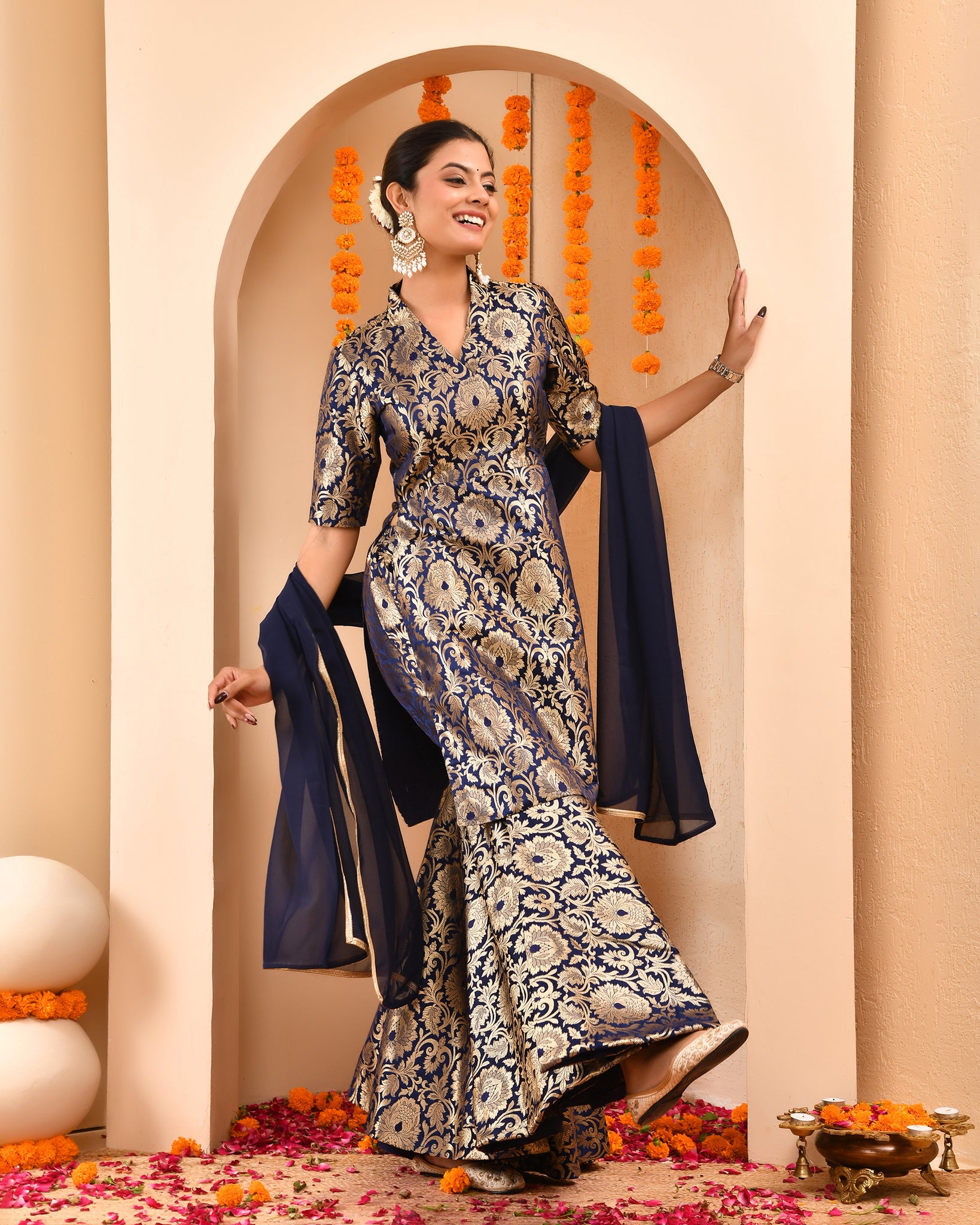 Navy Blue Brocade Sharara Set