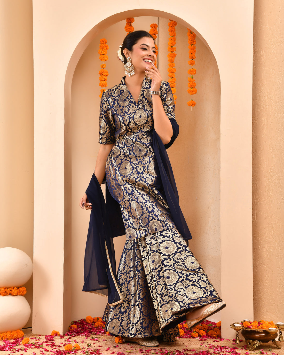 Navy Blue Brocade Sharara Set