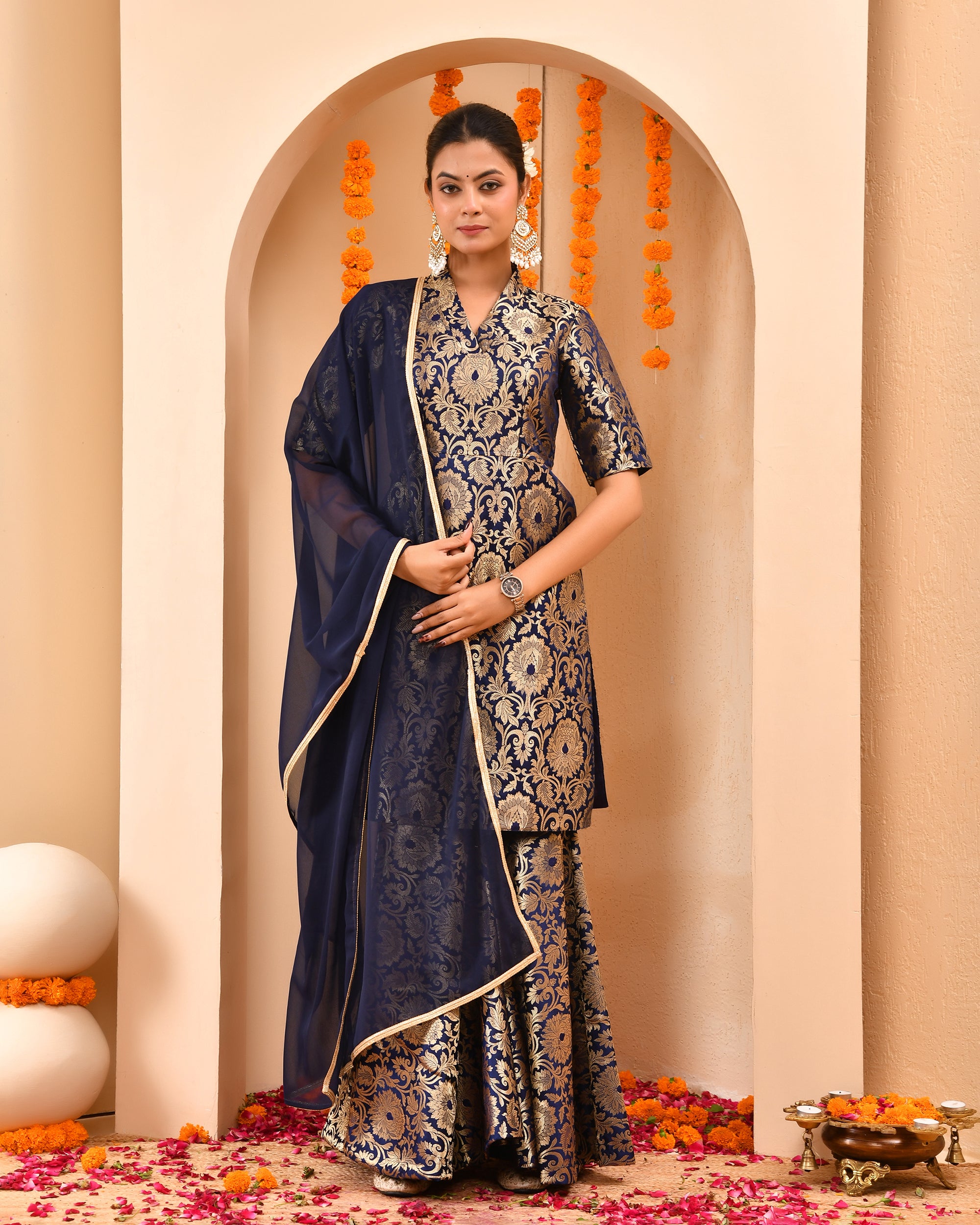 Navy Blue Brocade Sharara Set