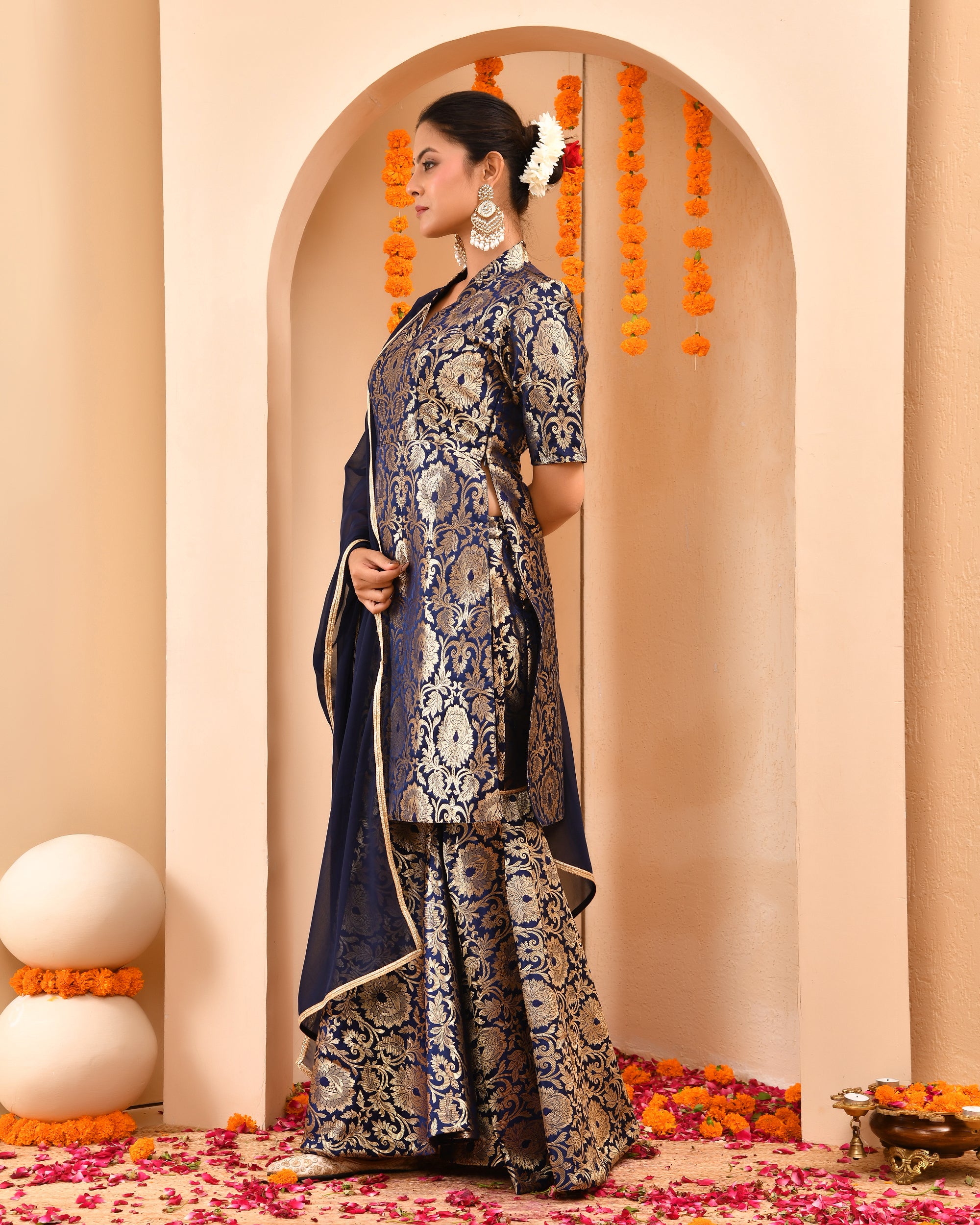 Navy Blue Brocade Sharara Set