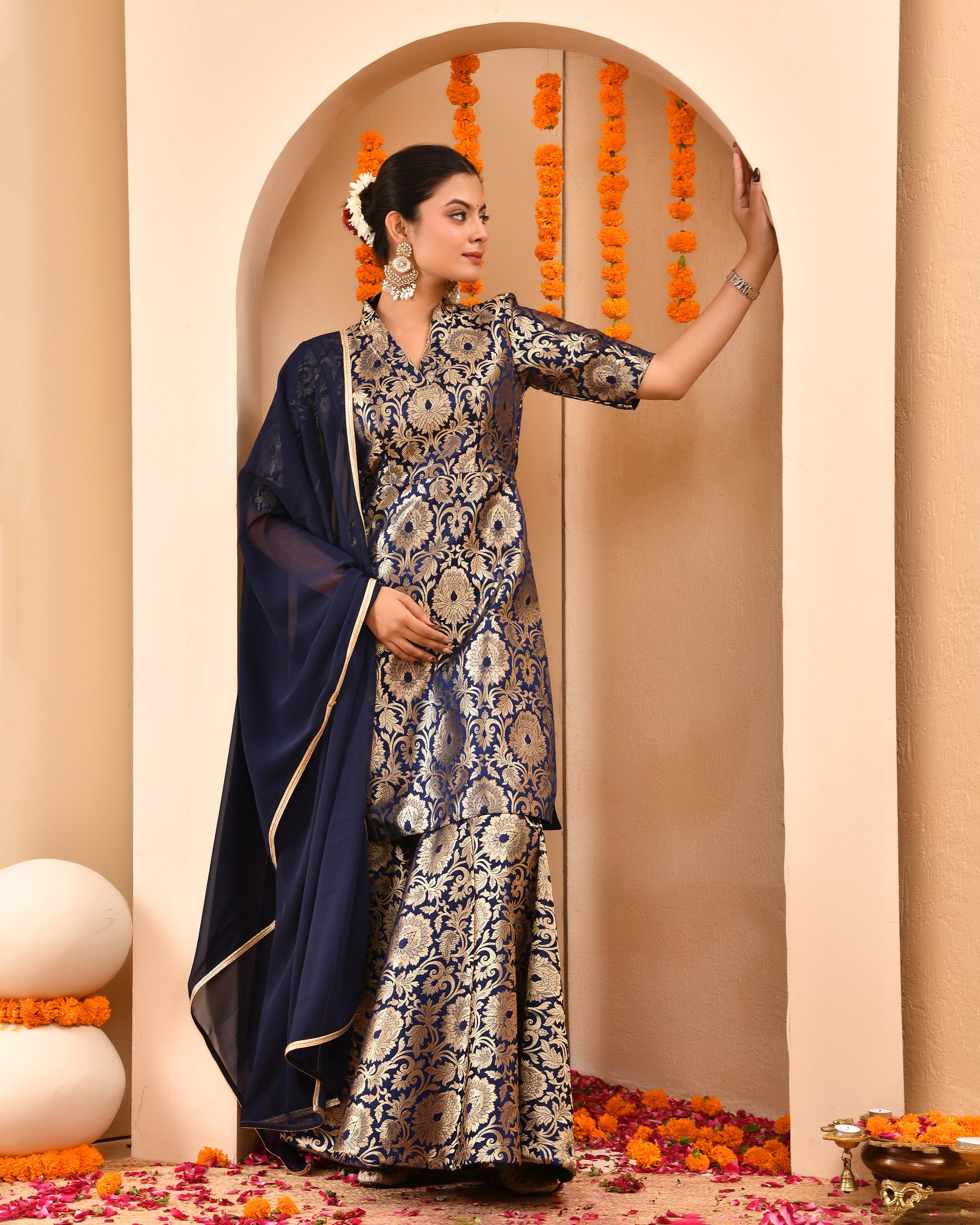 Navy Blue Brocade Sharara Set