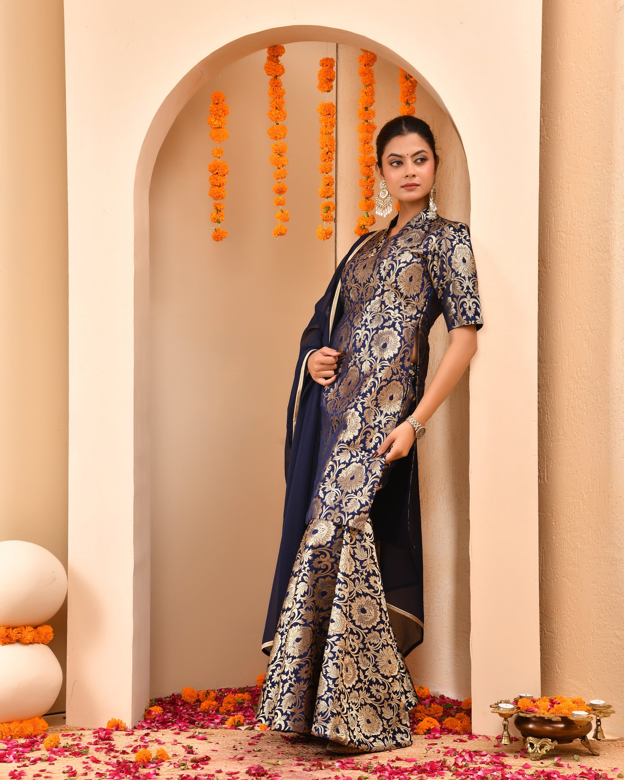 Navy Blue Brocade Sharara Set