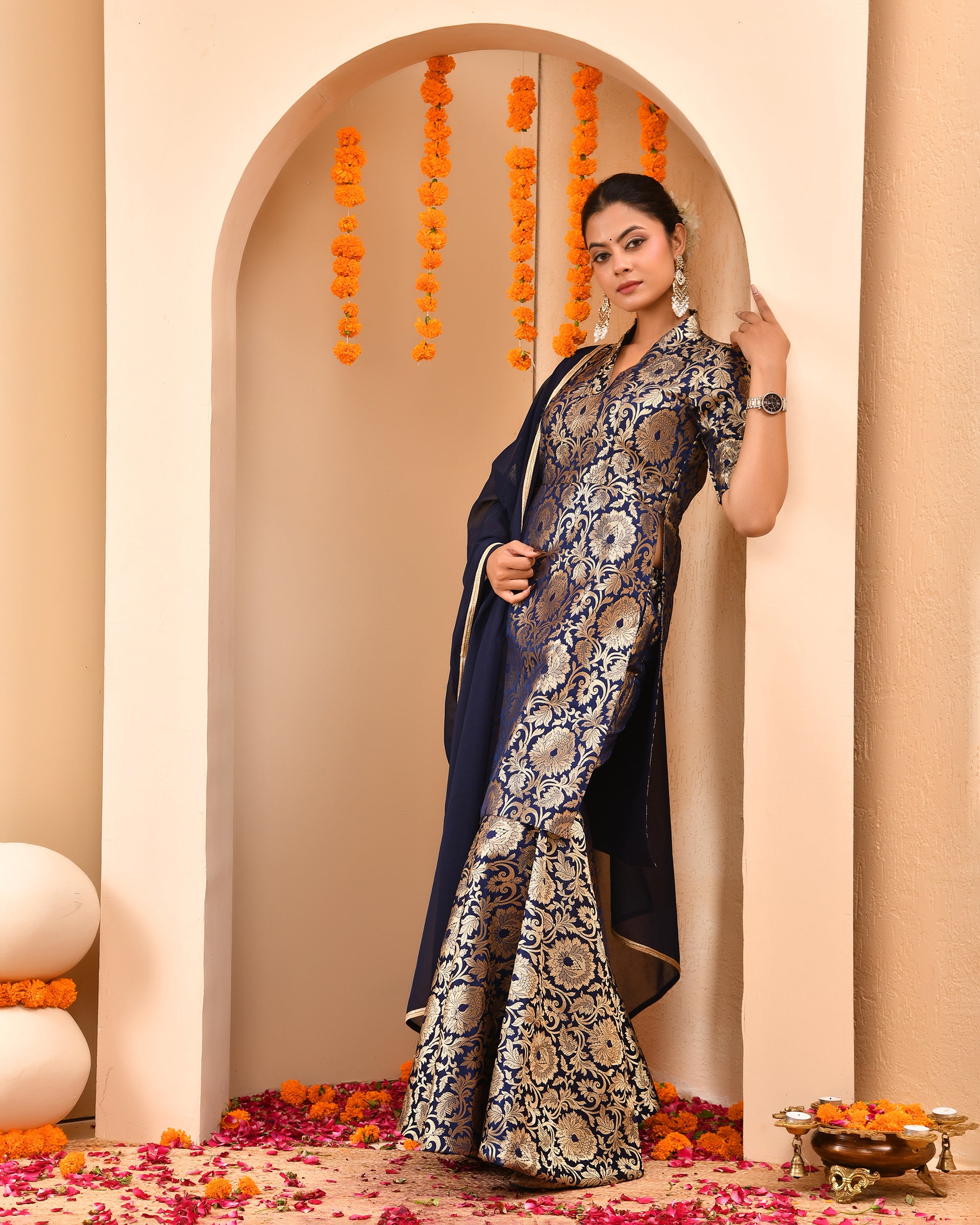 Navy Blue Brocade Sharara Set