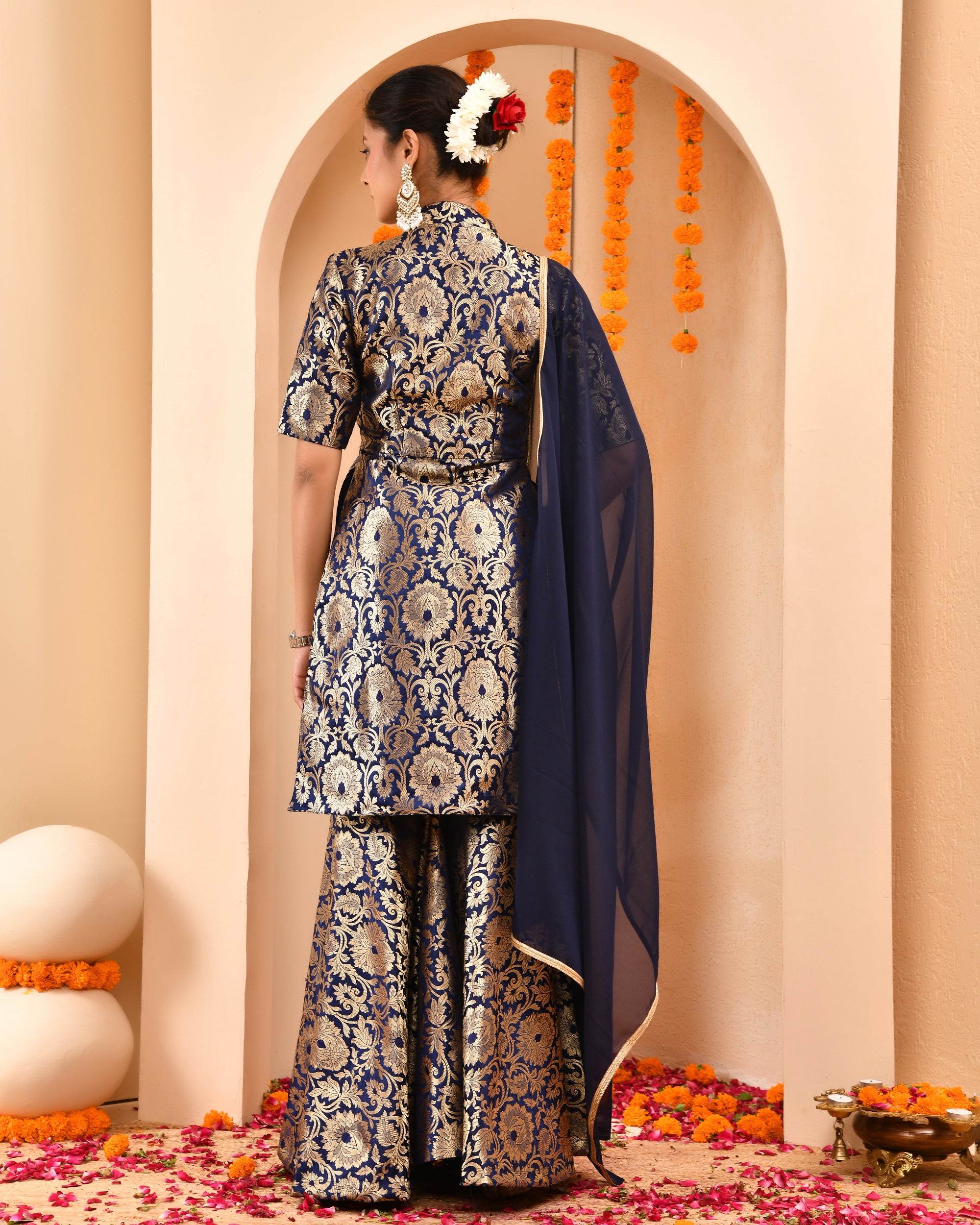 Navy Blue Brocade Sharara Set