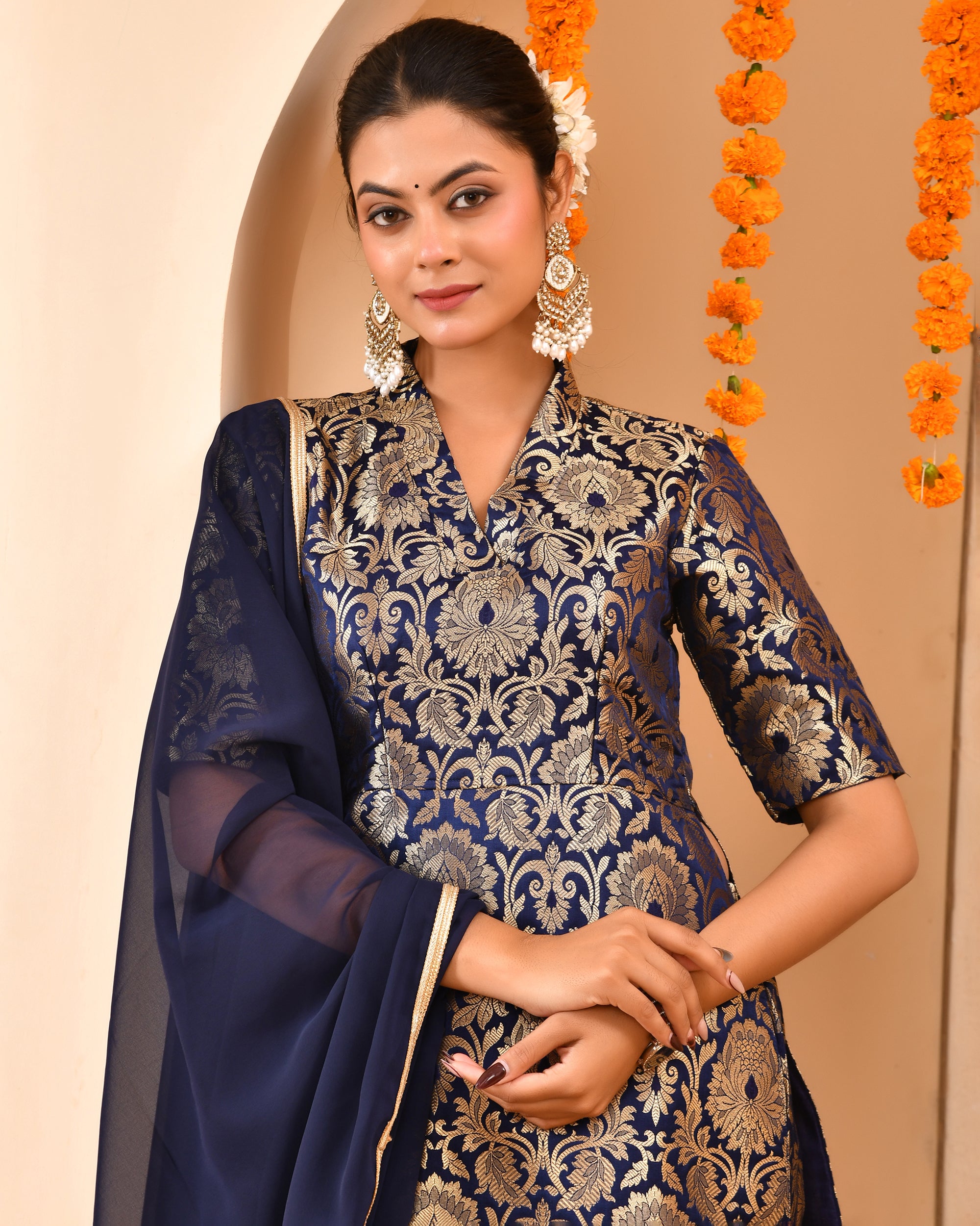 Navy Blue Brocade Sharara Set