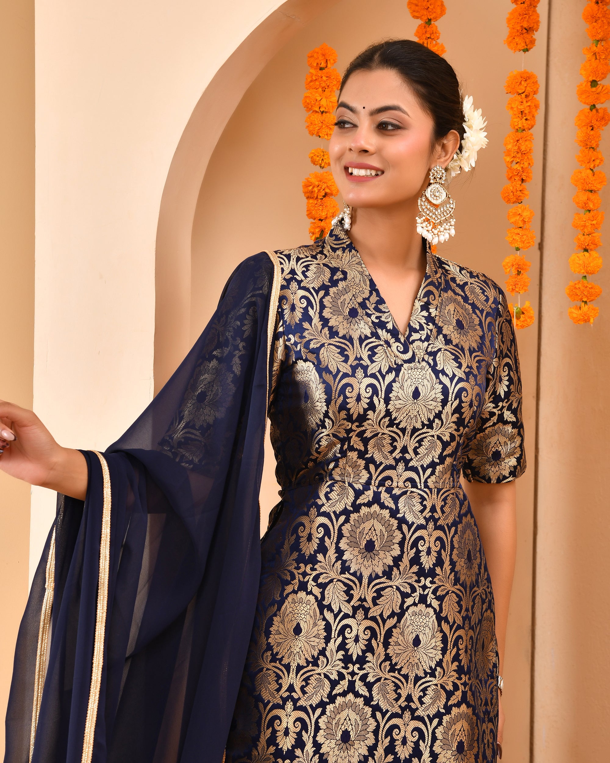 Navy Blue Brocade Sharara Set