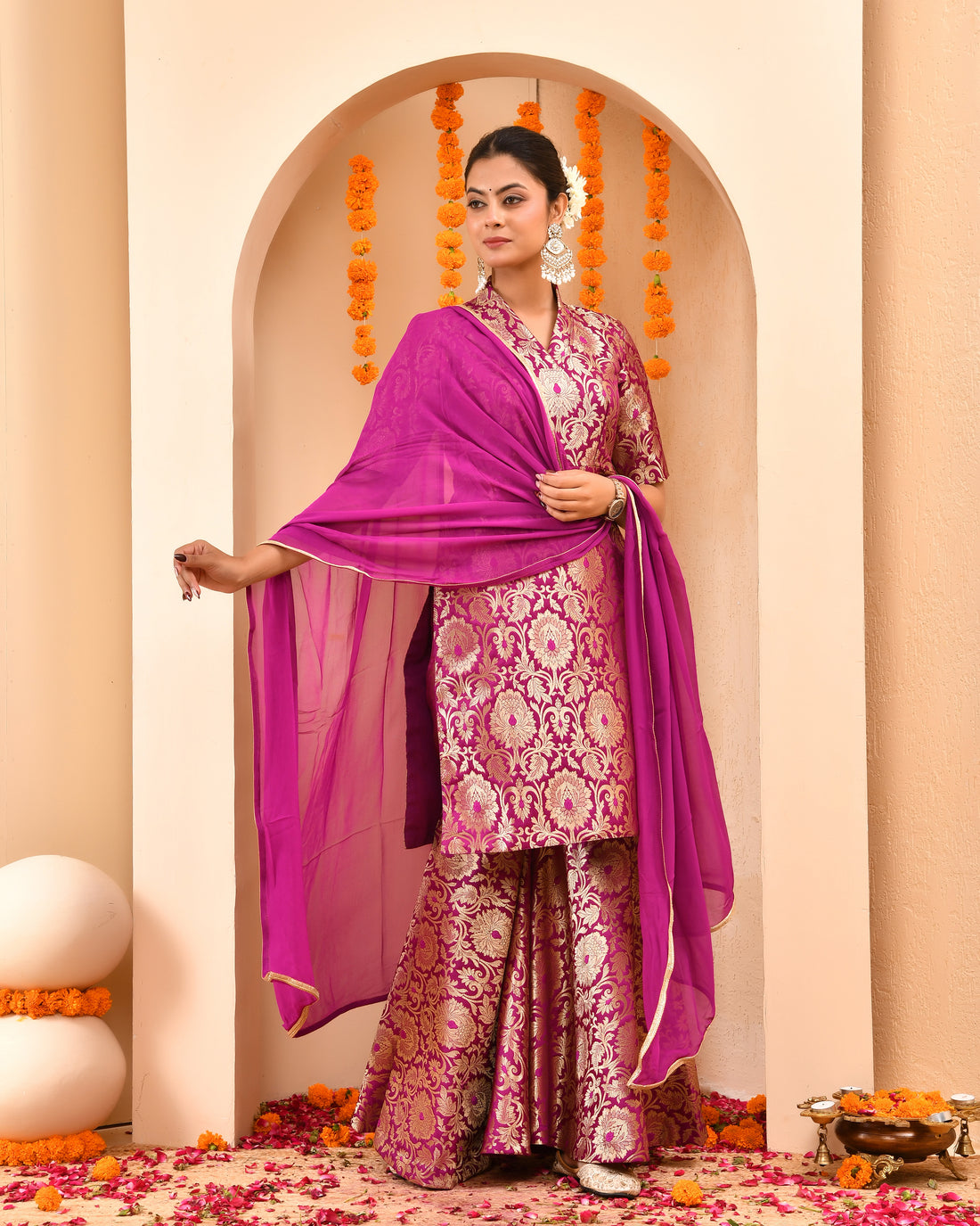 Wine Brocade Sharara Set