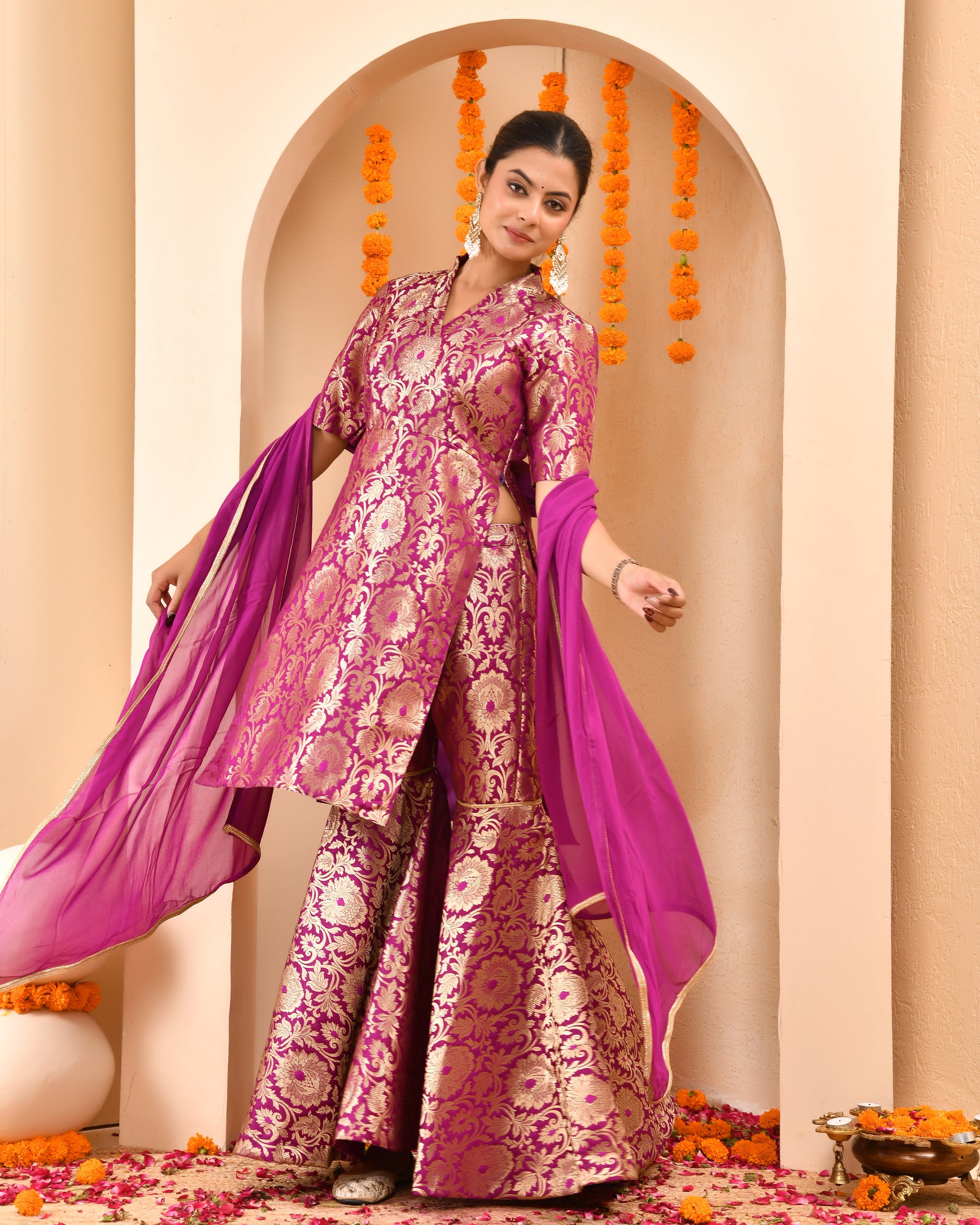 Wine Brocade Sharara Set