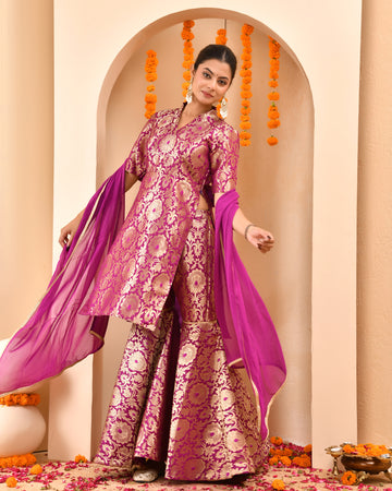 Wine Brocade Sharara Set