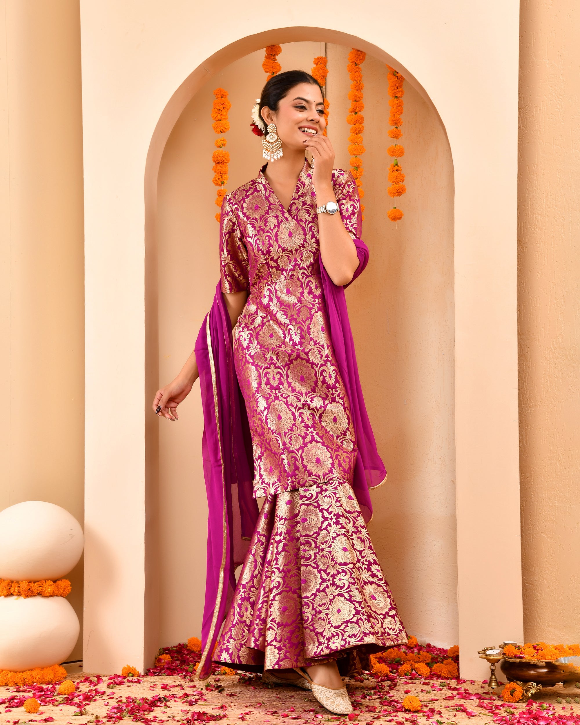 Wine Brocade Sharara Set