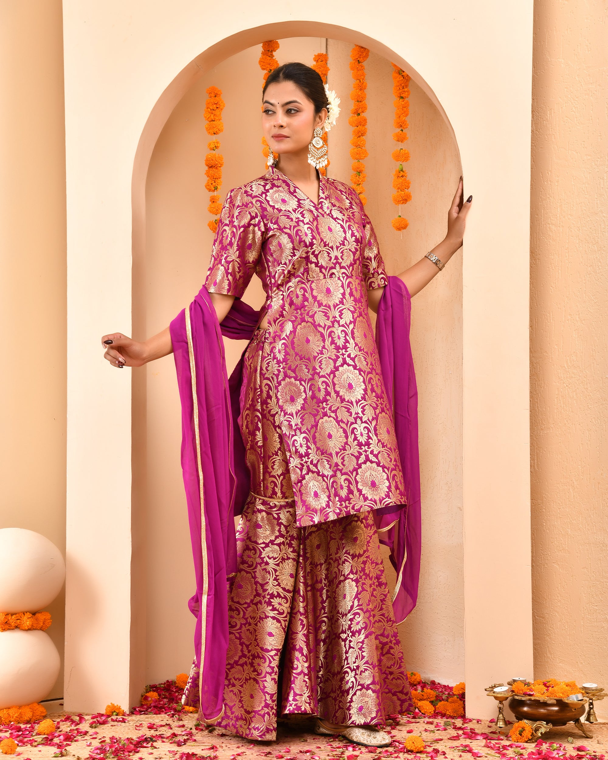 Wine Brocade Sharara Set