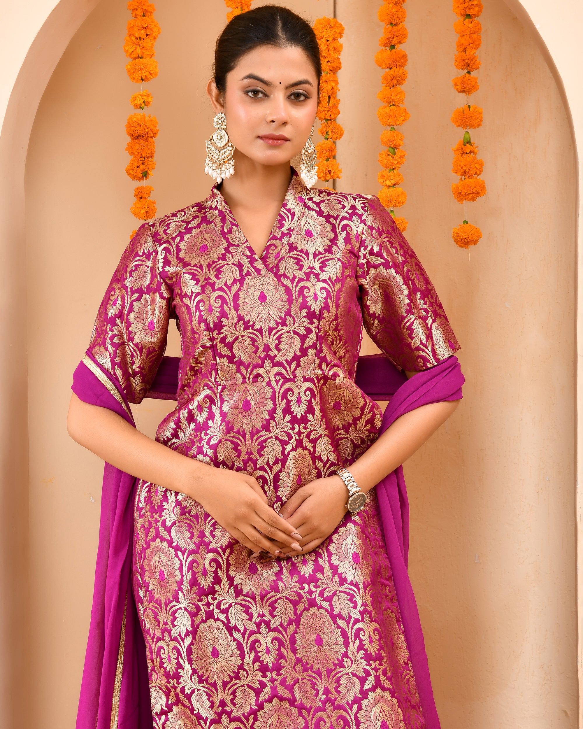 Wine Brocade Sharara Set