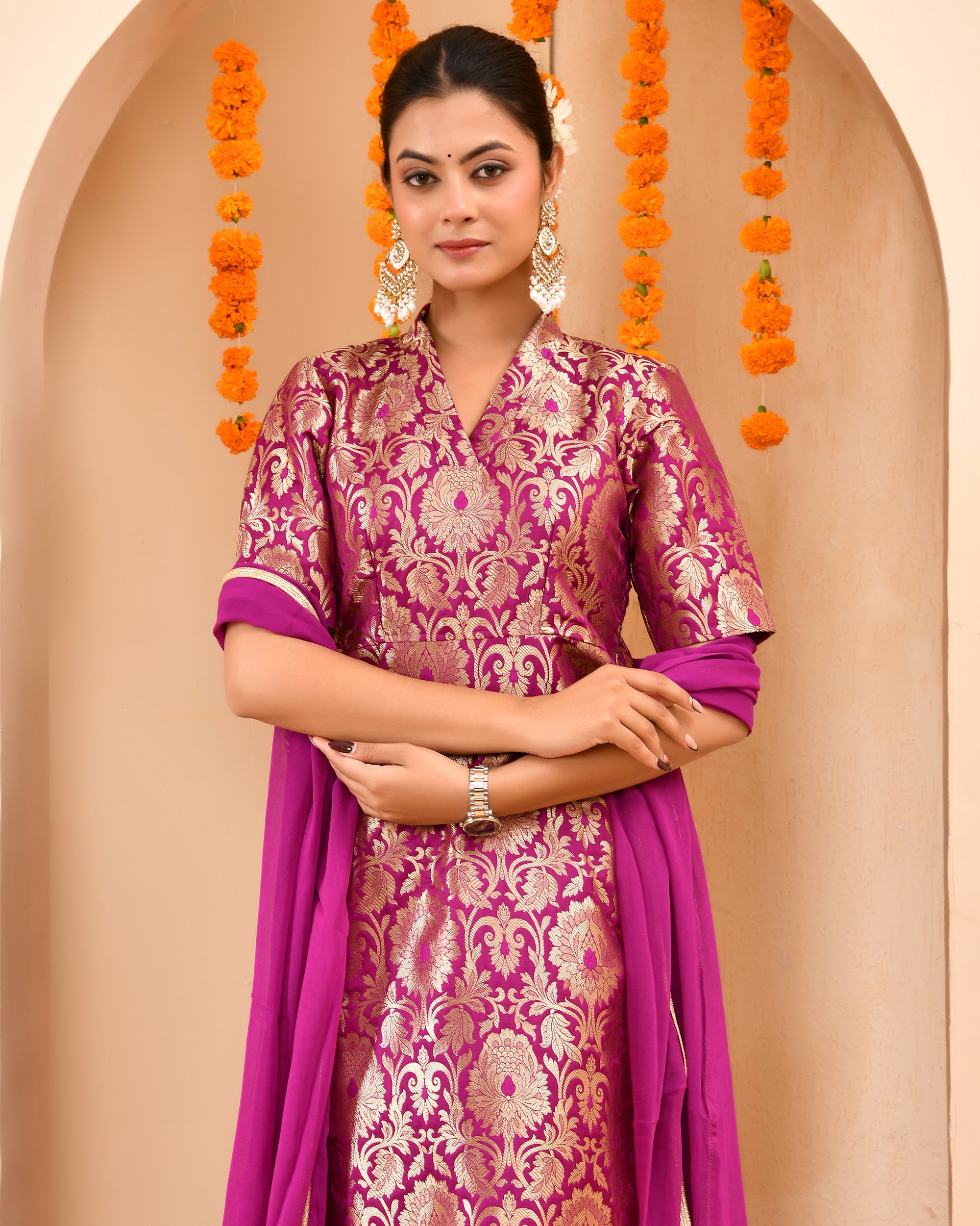 Wine Brocade Sharara Set