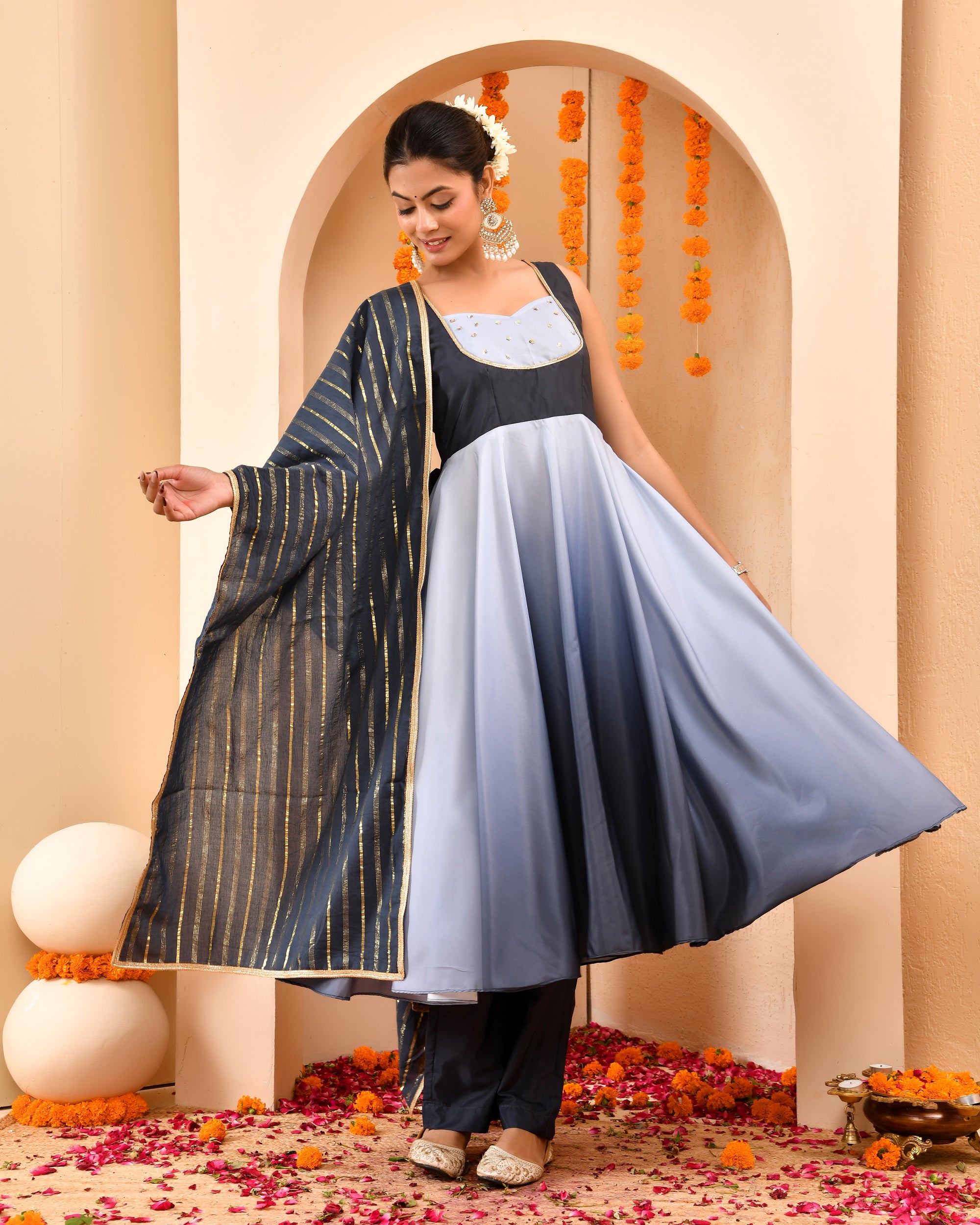 Steel Grey Ombre Anarkali Suit Set