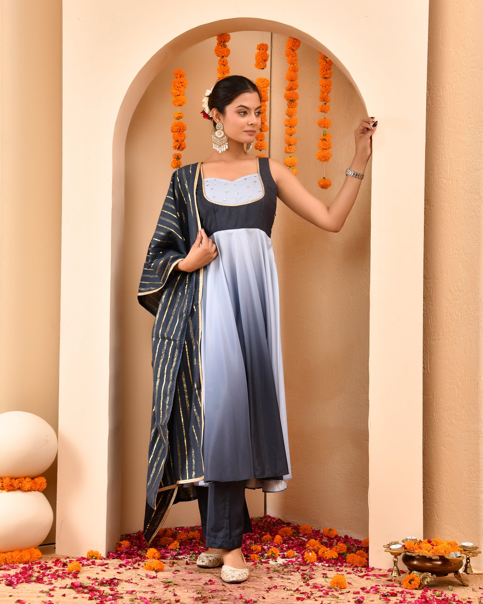 Steel Grey Ombre Anarkali Suit Set