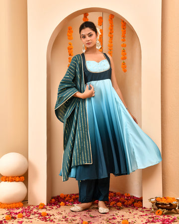 Crystal Blue Ombre Anarkali Suit Set