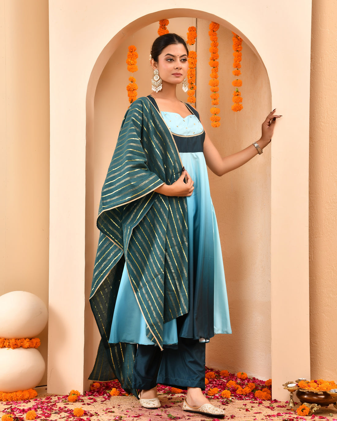 Crystal Blue Ombre Anarkali Suit Set