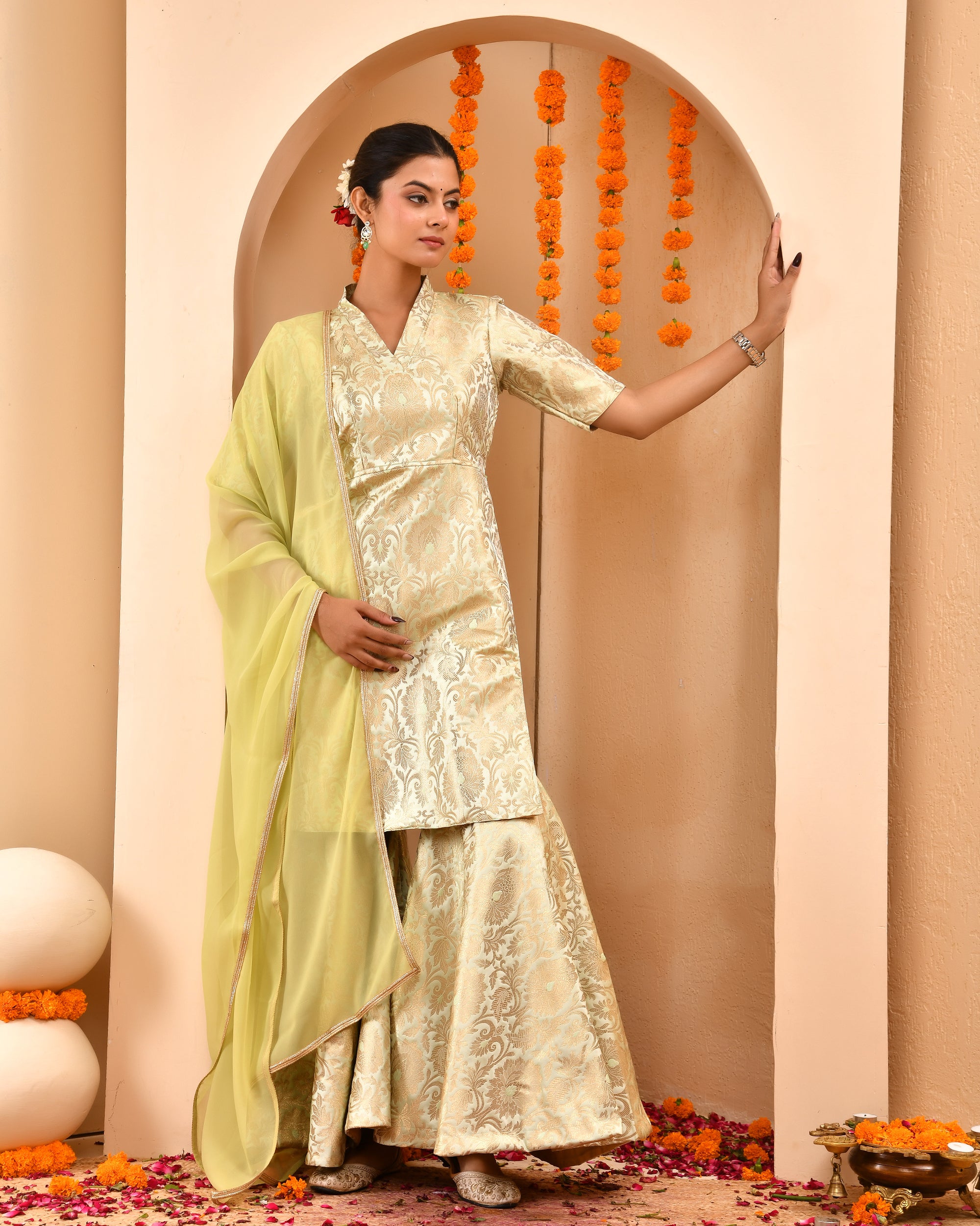 Pista Green Brocade Sharara Set