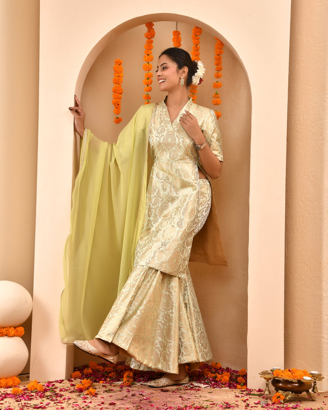 Pista Green Brocade Sharara Set