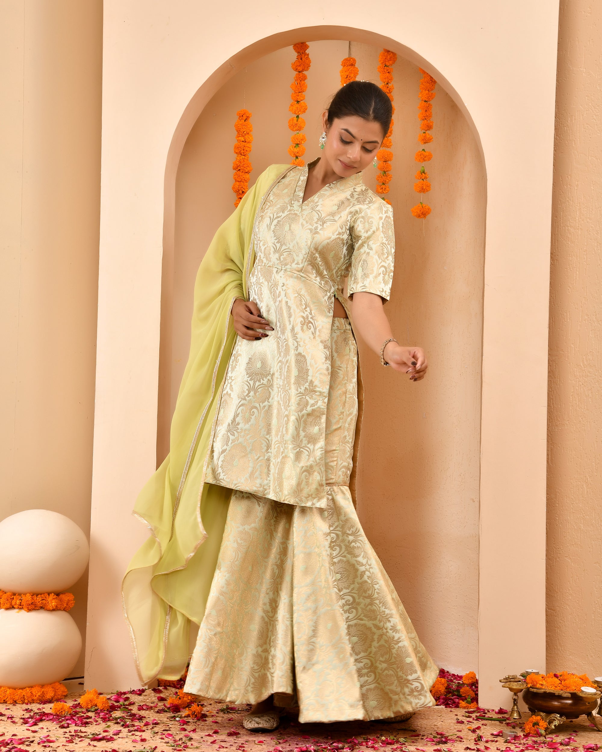 Pista Green Brocade Sharara Set