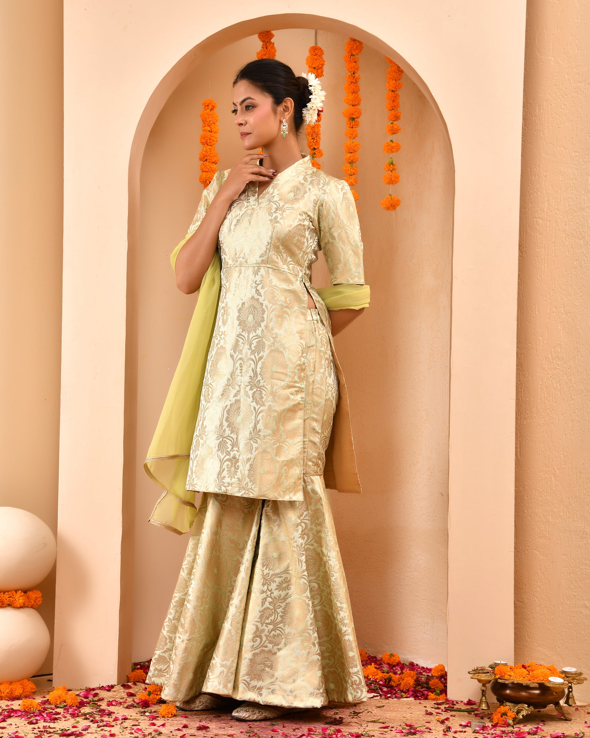 Pista Green Brocade Sharara Set