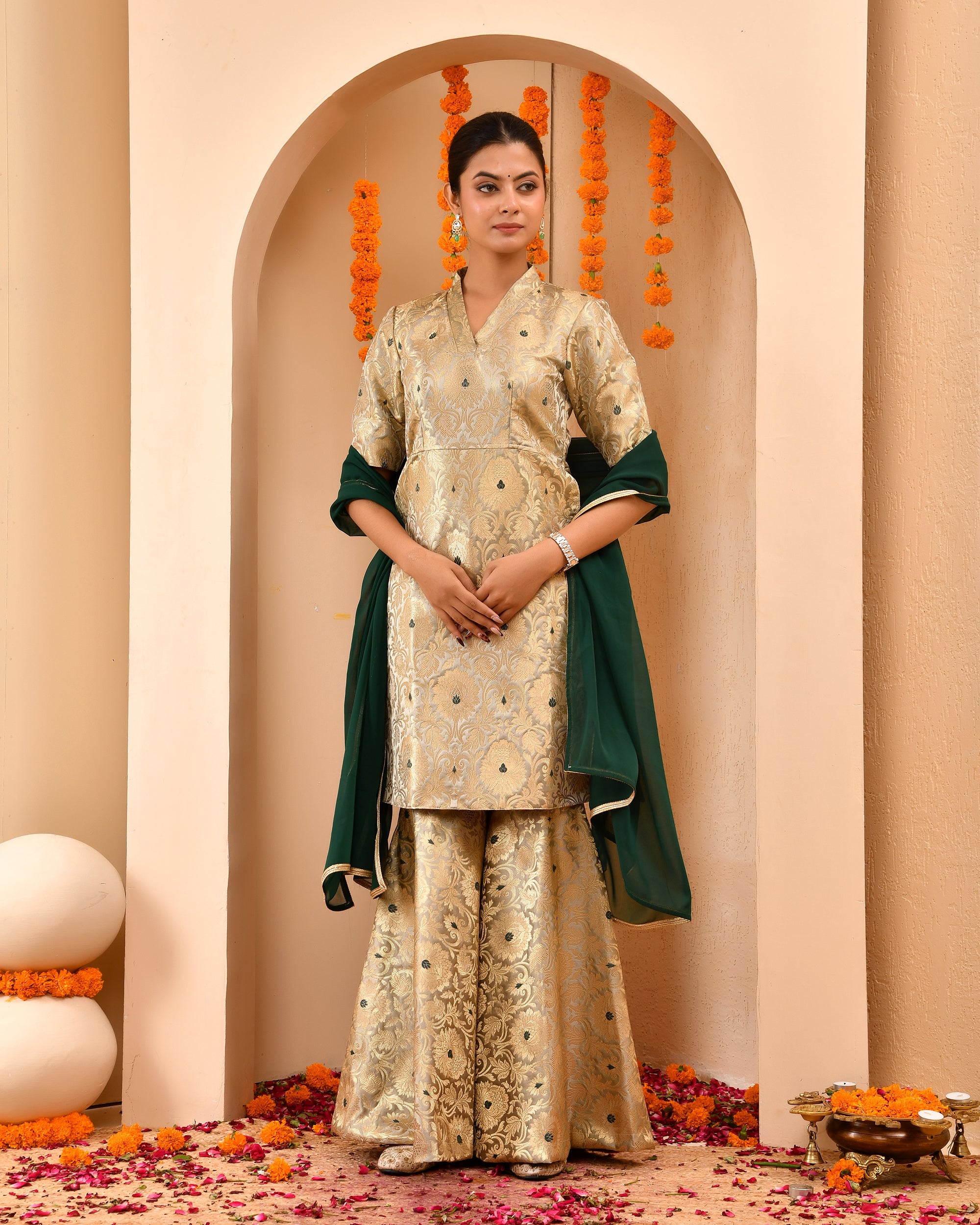 Golden Brocade Sharara Set
