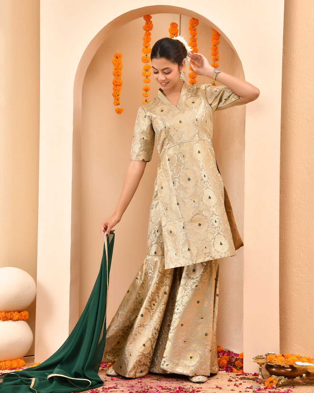 Golden Brocade Sharara Set