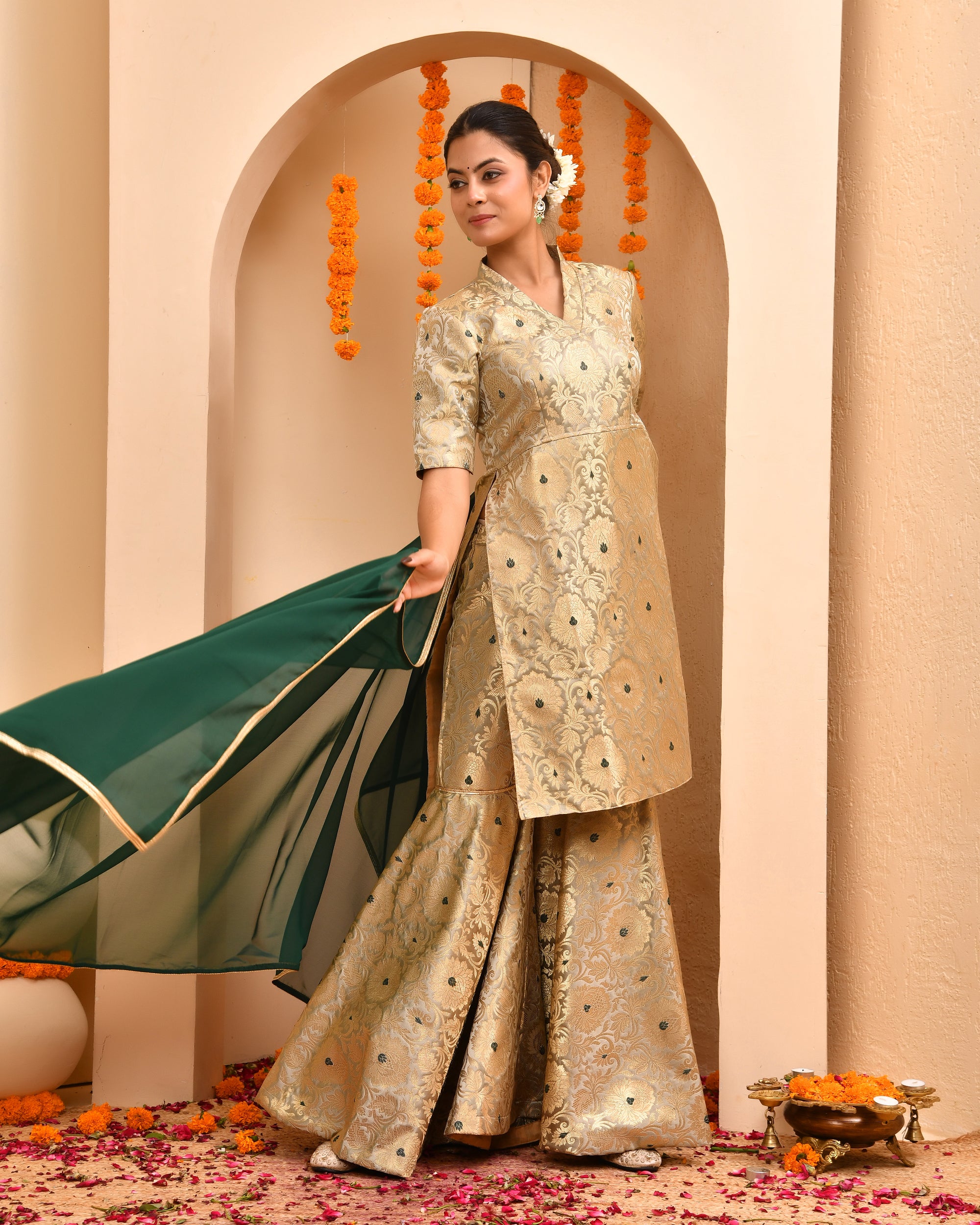 Golden Brocade Sharara Set