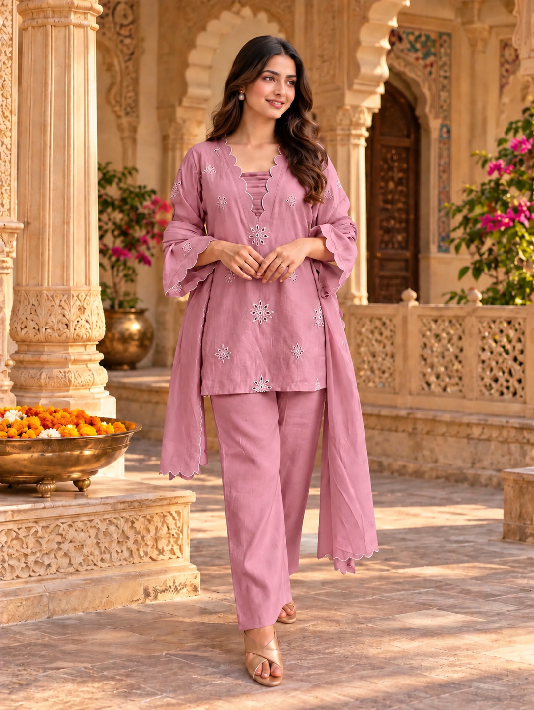Rose Pink Scallop Embroidered Kurta Pant