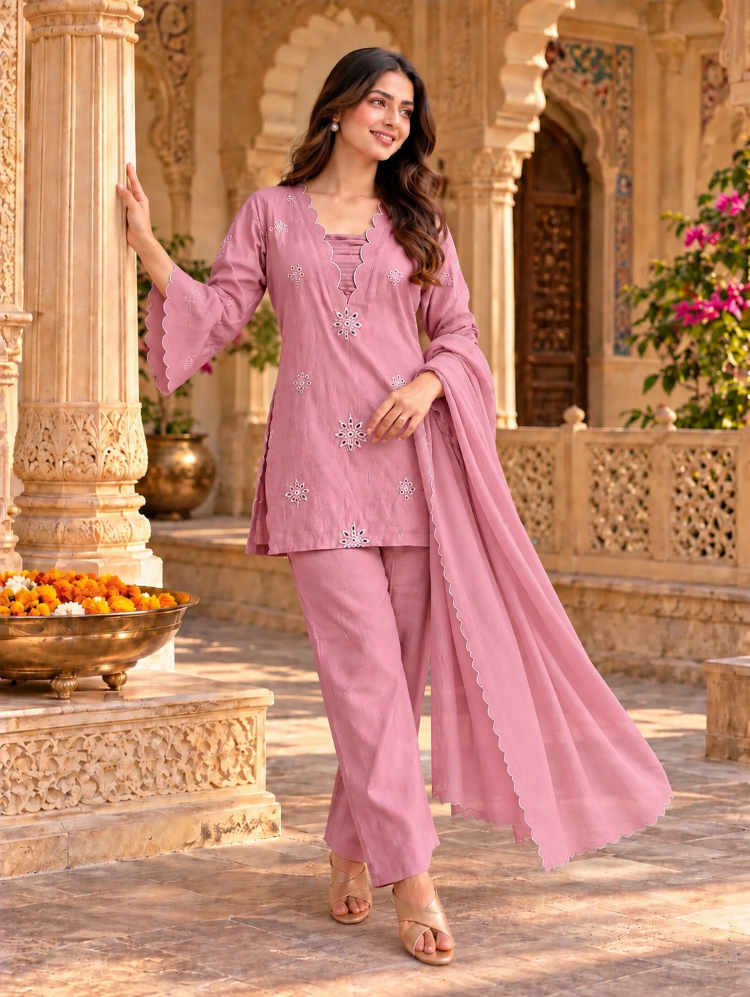 Rose Pink Scallop Embroidered Kurta Pant